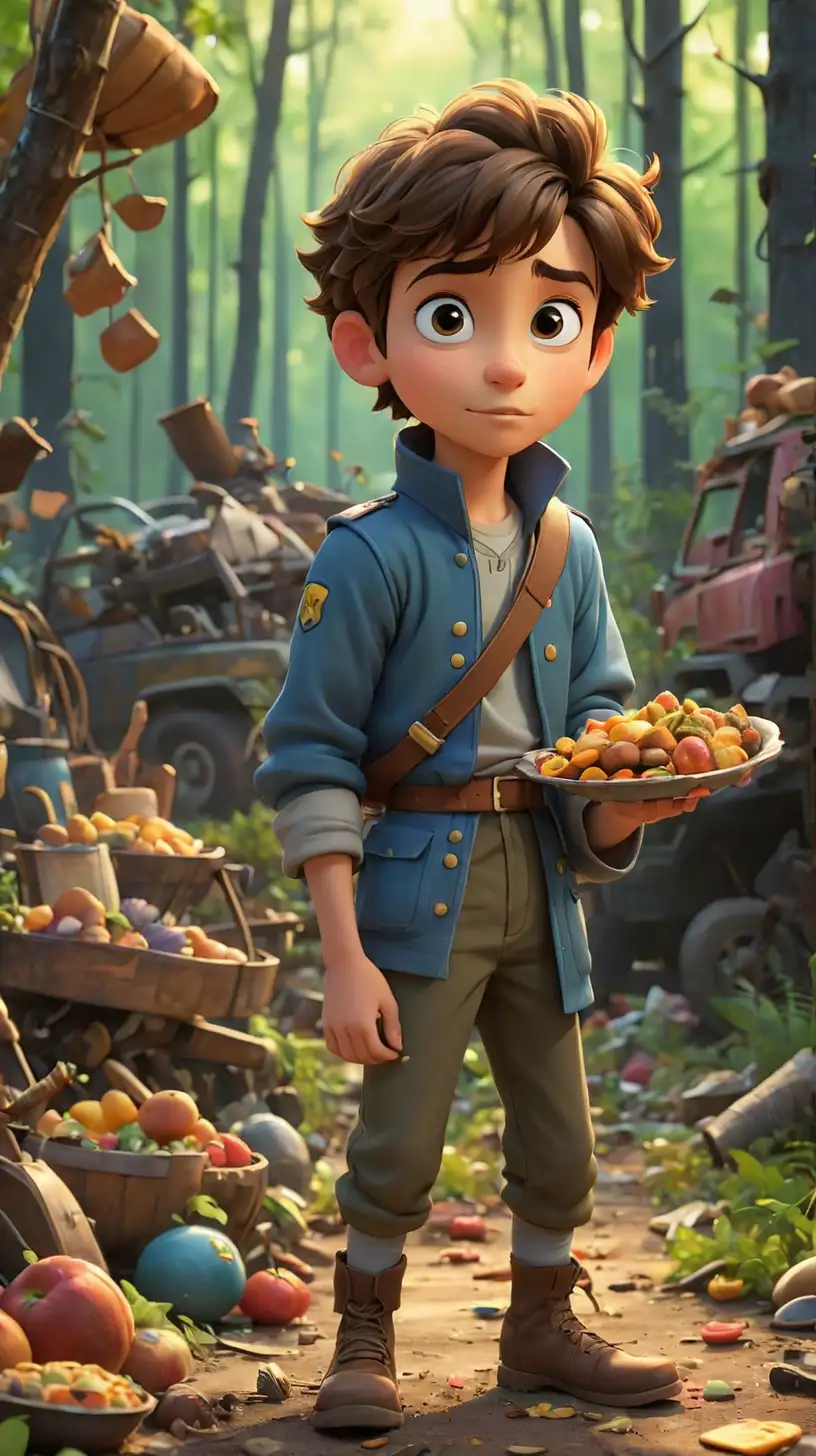 Create a 3D illustrator of an animated scene where a young attractive prince is collecting food from the junkyard in the forest. Beautiful, colourful and spirited background illustrations.