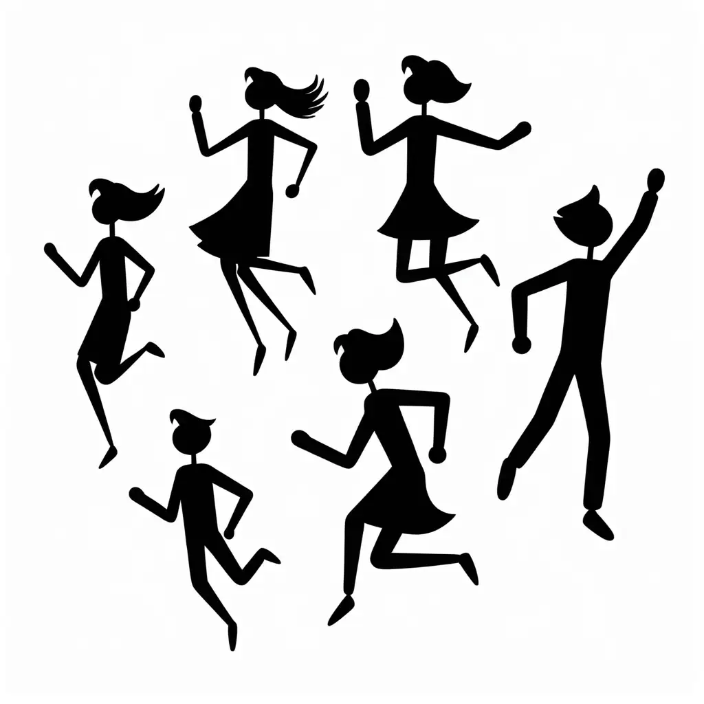 generate a collection png images of 4 stick figures of alternating genders leaping through the air facing the same direction on a transparent background