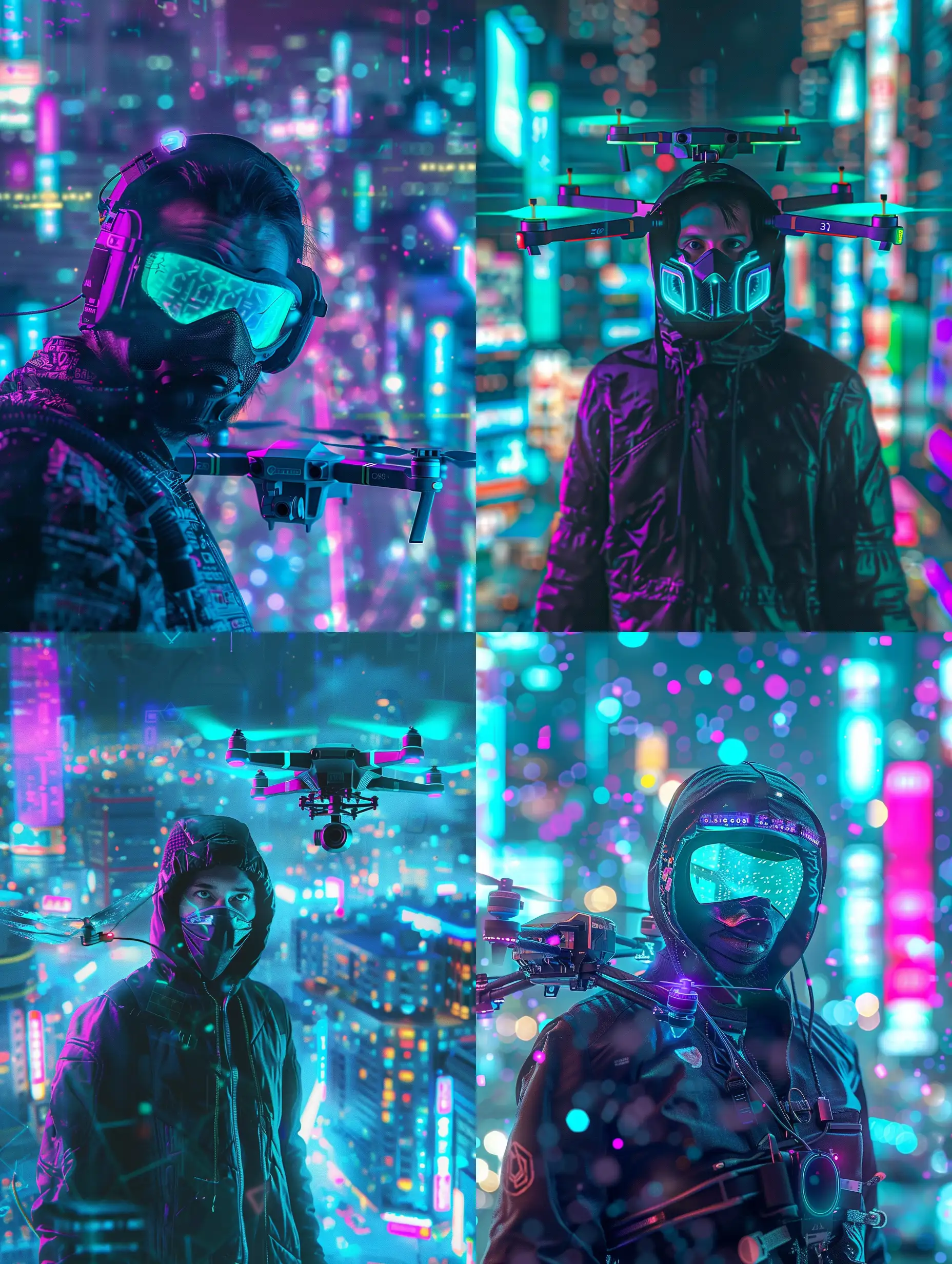 homme hacker portant un masque avec un drone  avec des lumiere turquoise et violet .. ville neotokyo derrière . 25 % anime , 75 % realiste 