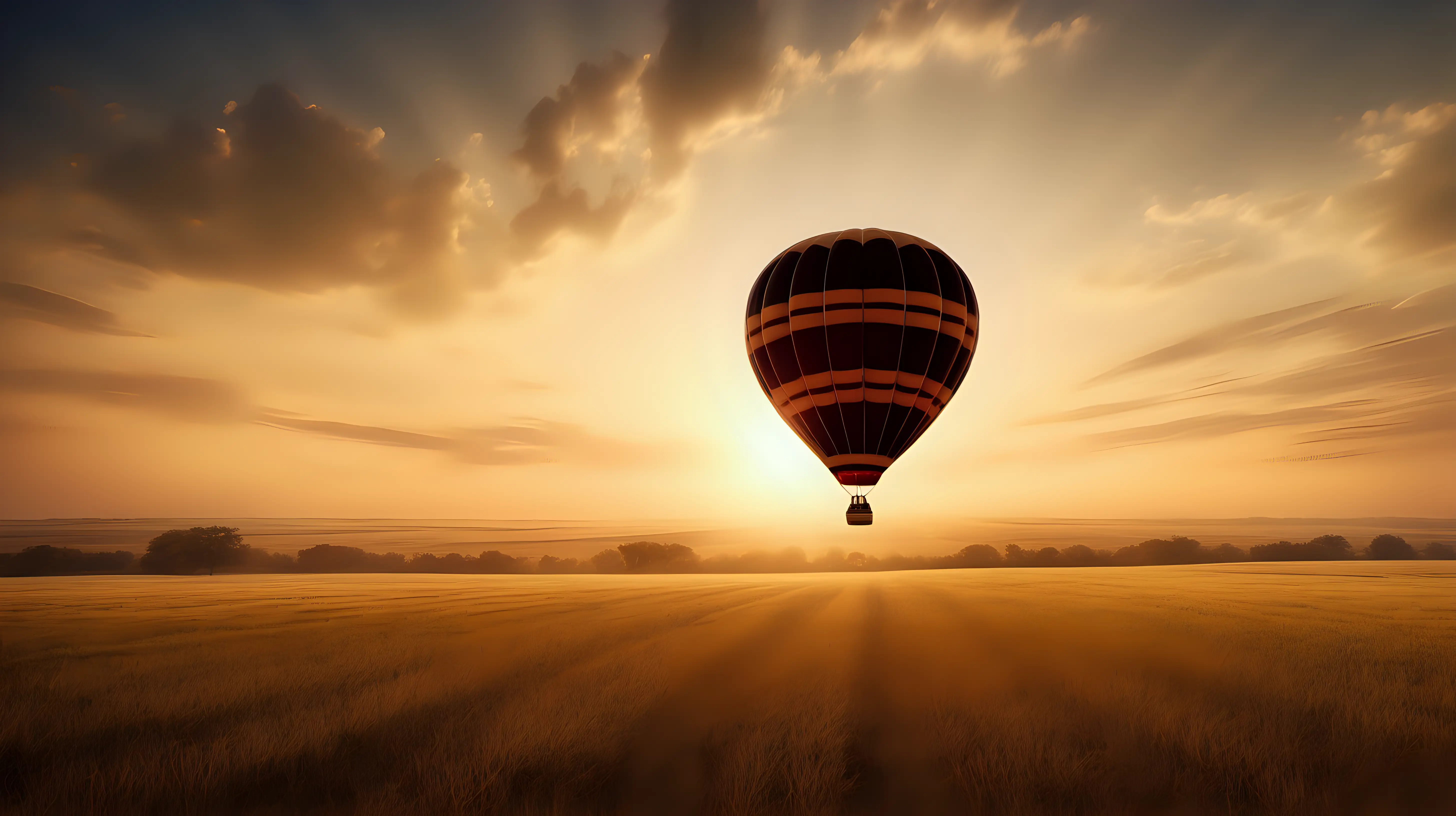 A hot air balloon drifting peacefully across the sky, with the sun setting behind a vast expanse of open fields.