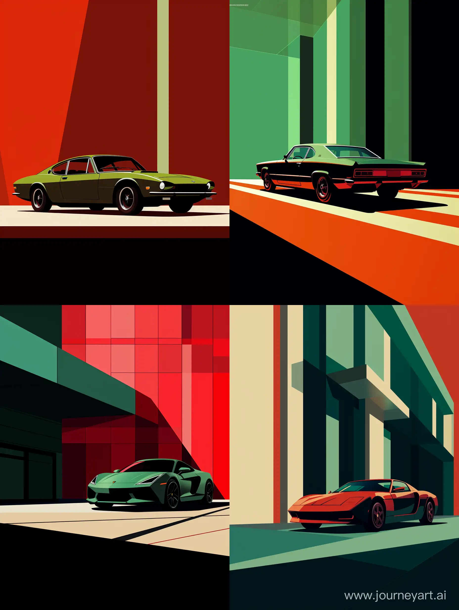 poster celebrating Italian automotive design. extremely Minimalistic design. simplicity of shapes, elegant, red green, in the style of Saul Bass, strong contrast of light and shadow, ferrari lamborghini alfaromeo 
