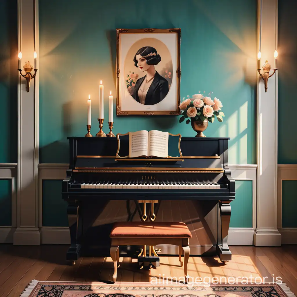 A 1920s piano in a big luxurious room, in the late evening, in a slightly illustrated vintage style, in the style of a 1920s poster, in a vintage whimsical style , with one candle stick on top of the piano , a flower on top the piano, vintage whimsical