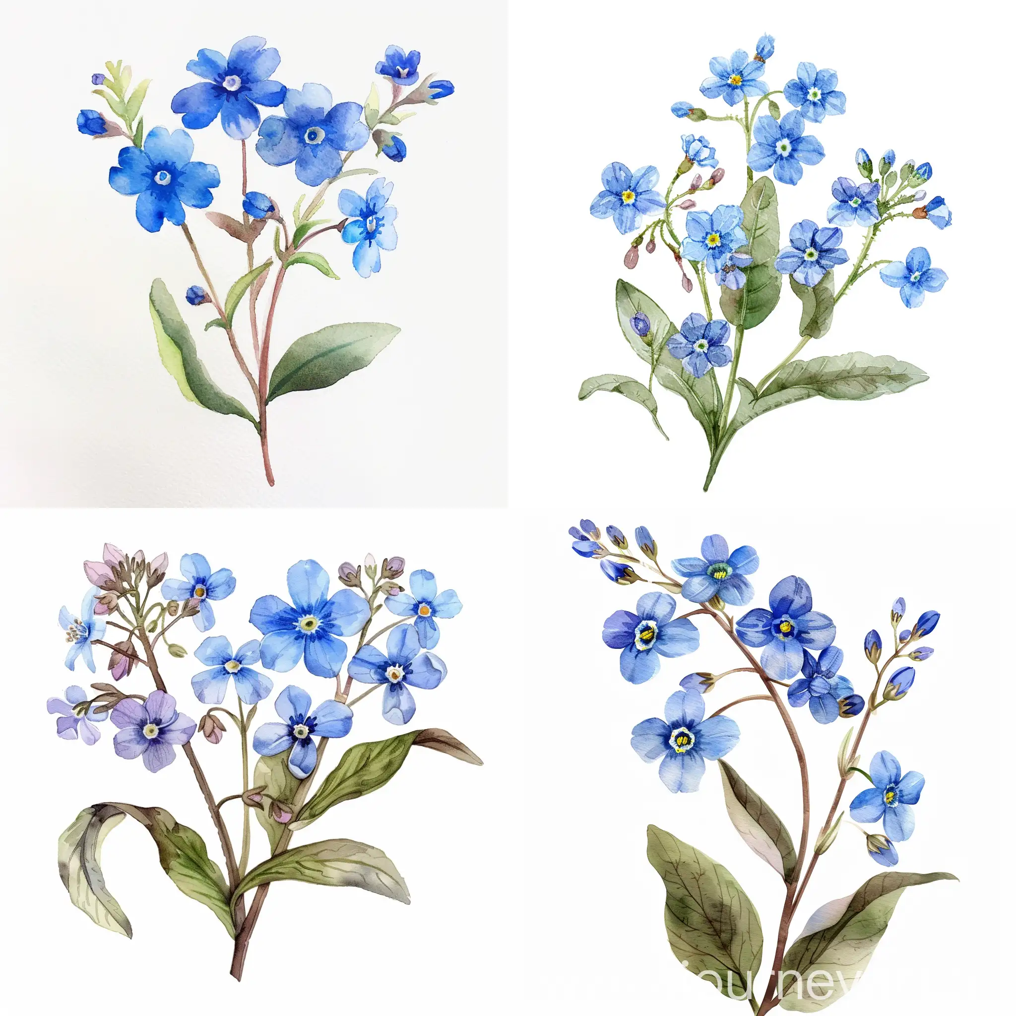 forget me not flower, watercolor, in the garden, on white background, detailed, pretty