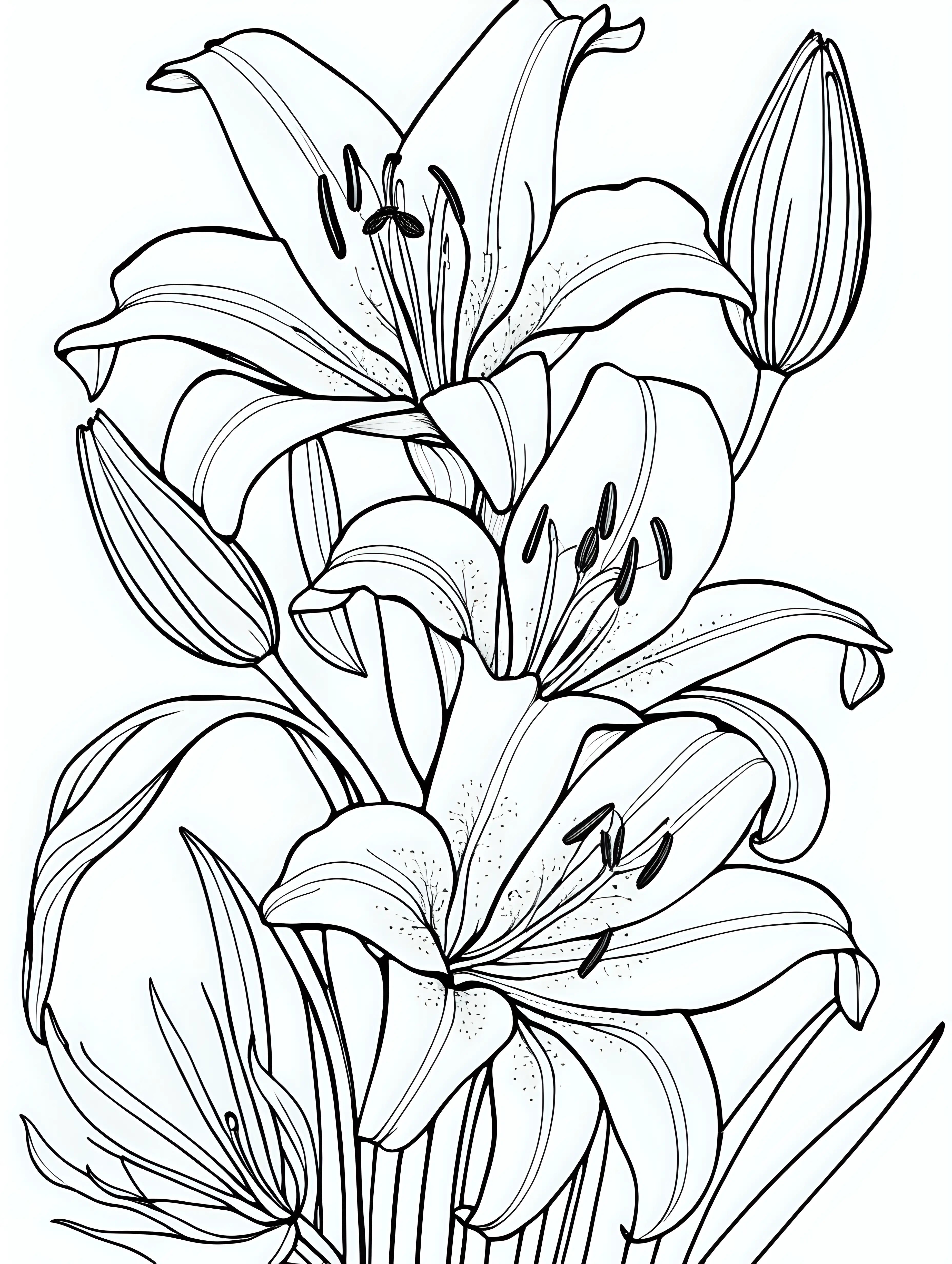 A beautiful big lilies flowers filling the entire page, black and white coloring page, cartoon style, thin lines, few details, no background, no shadows, no greys