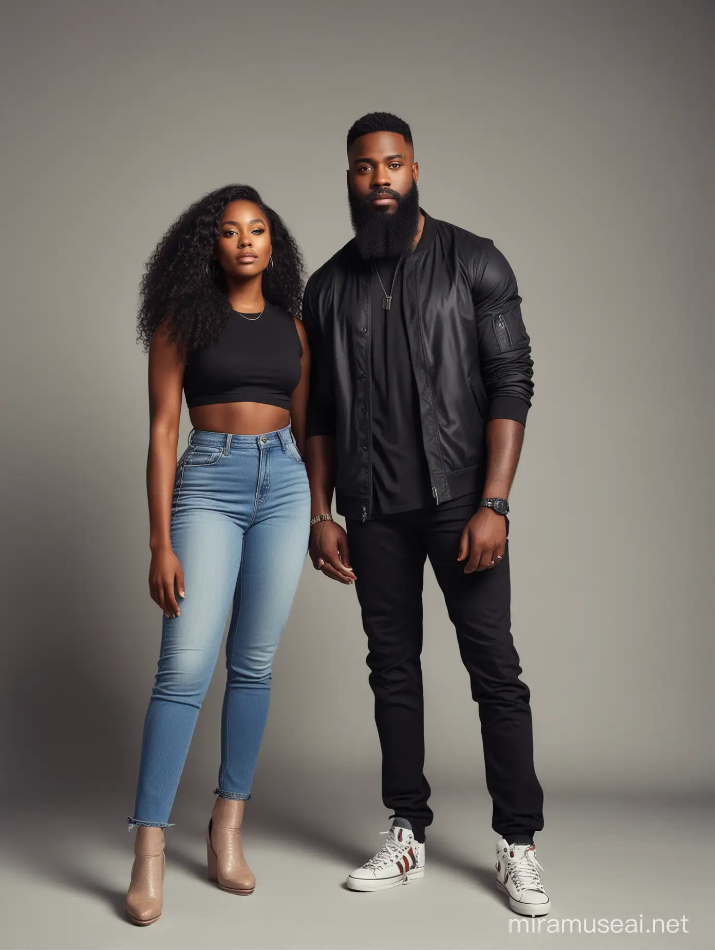 Front facing, full body image of bearded black man standing next to a black woman with long hair wearing stylish, trendy, outfits. 