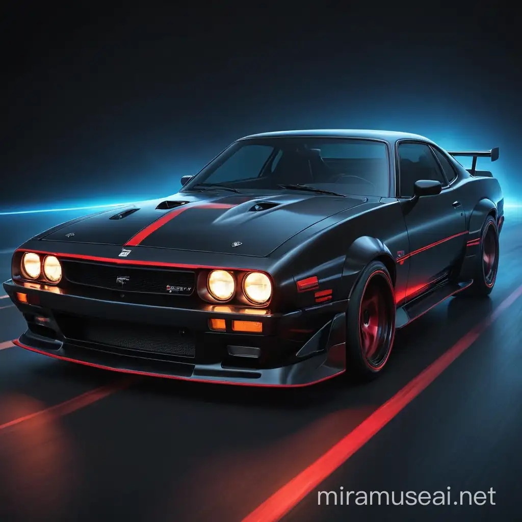 Create me a minimalistic black wallpaper of a fast and furious car only visible by red and blue light