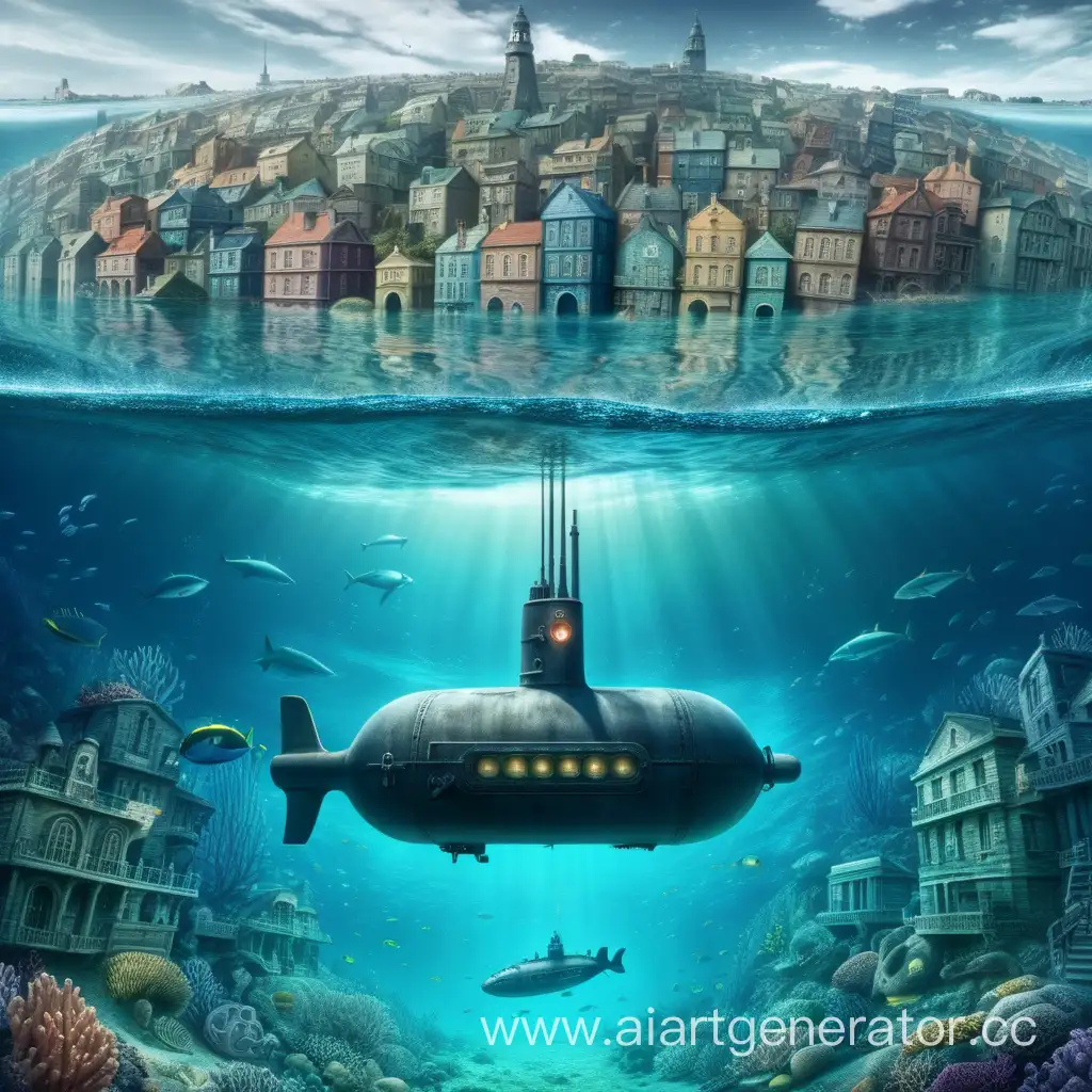 Submarine-Exploring-a-Sunken-Town-at-the-Ocean-Floor