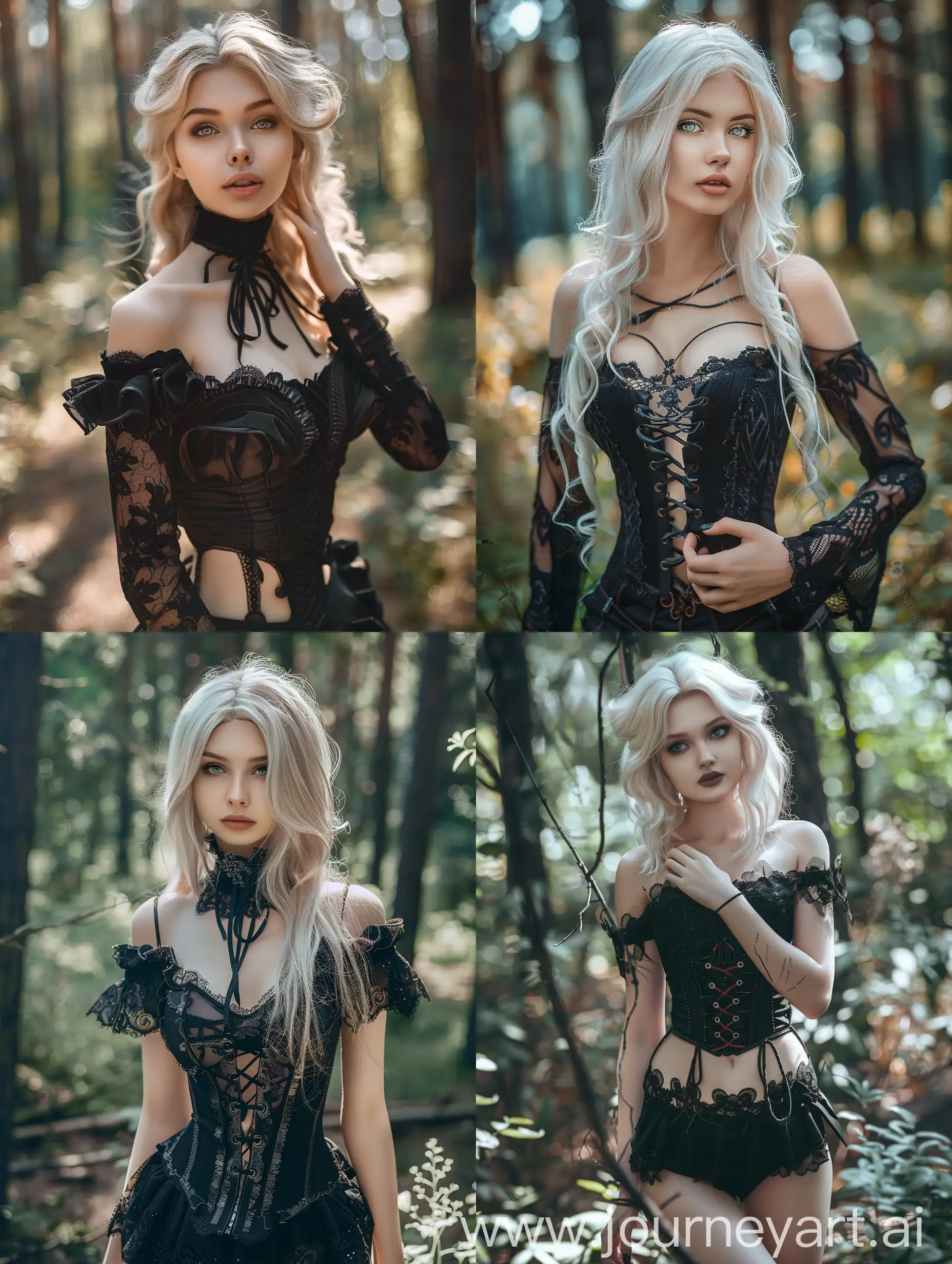 Photo of a beautiful 18 y.o. russian model, full body, wide shot, detailed skin, perfect body, very detailed, 4K HQ, 8K HDR, High contrast, shadows, platinum blonde hair, in forest, gothic costume, full body view