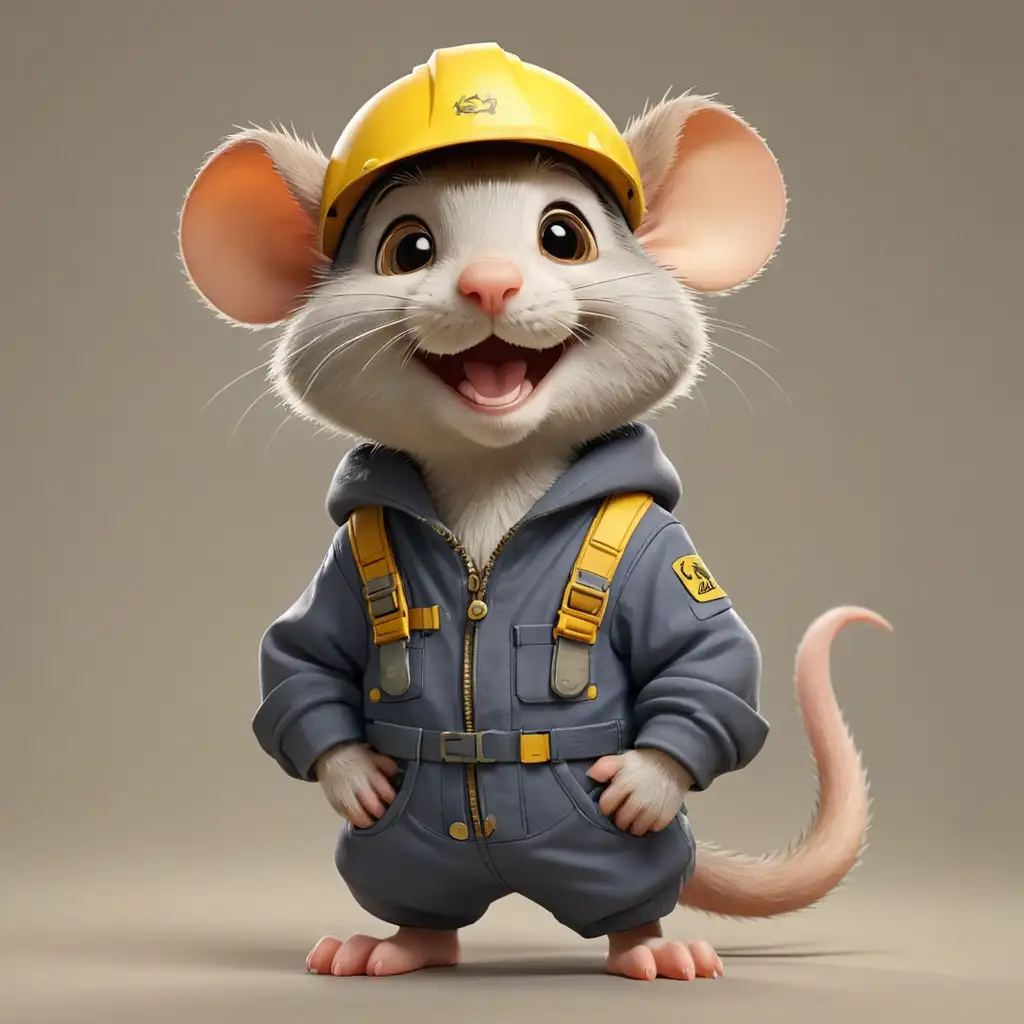 Happy Cartoon Rat Engineer in Yellow Helmet