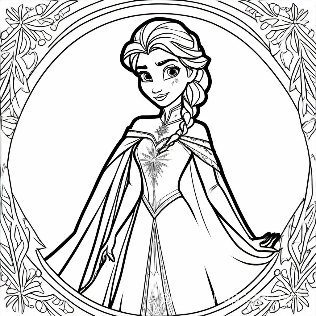 frozen elsa, Coloring Page, black and white, line art, white background, Simplicity, Ample White Space. The background of the coloring page is plain white to make it easy for young children to color within the lines. The outlines of all the subjects are easy to distinguish, making it simple for kids to color without too much difficulty