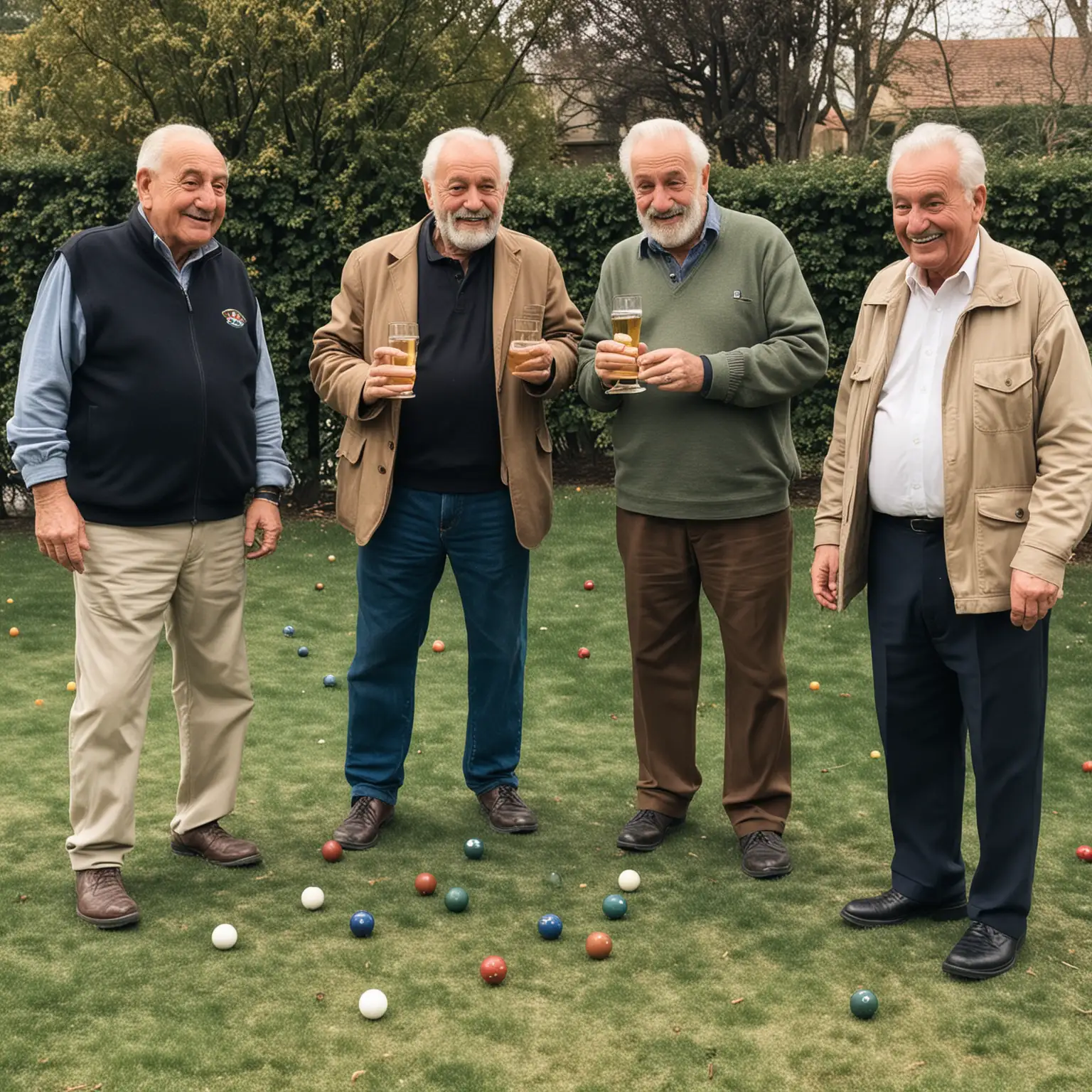 4 Italian grandfathers playing bocce, and drinking beer