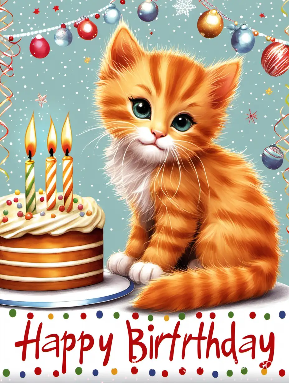 Открытка с днем рождения на котоой нарисован ряжий котенок, рядом с которым стоит праздничный торт