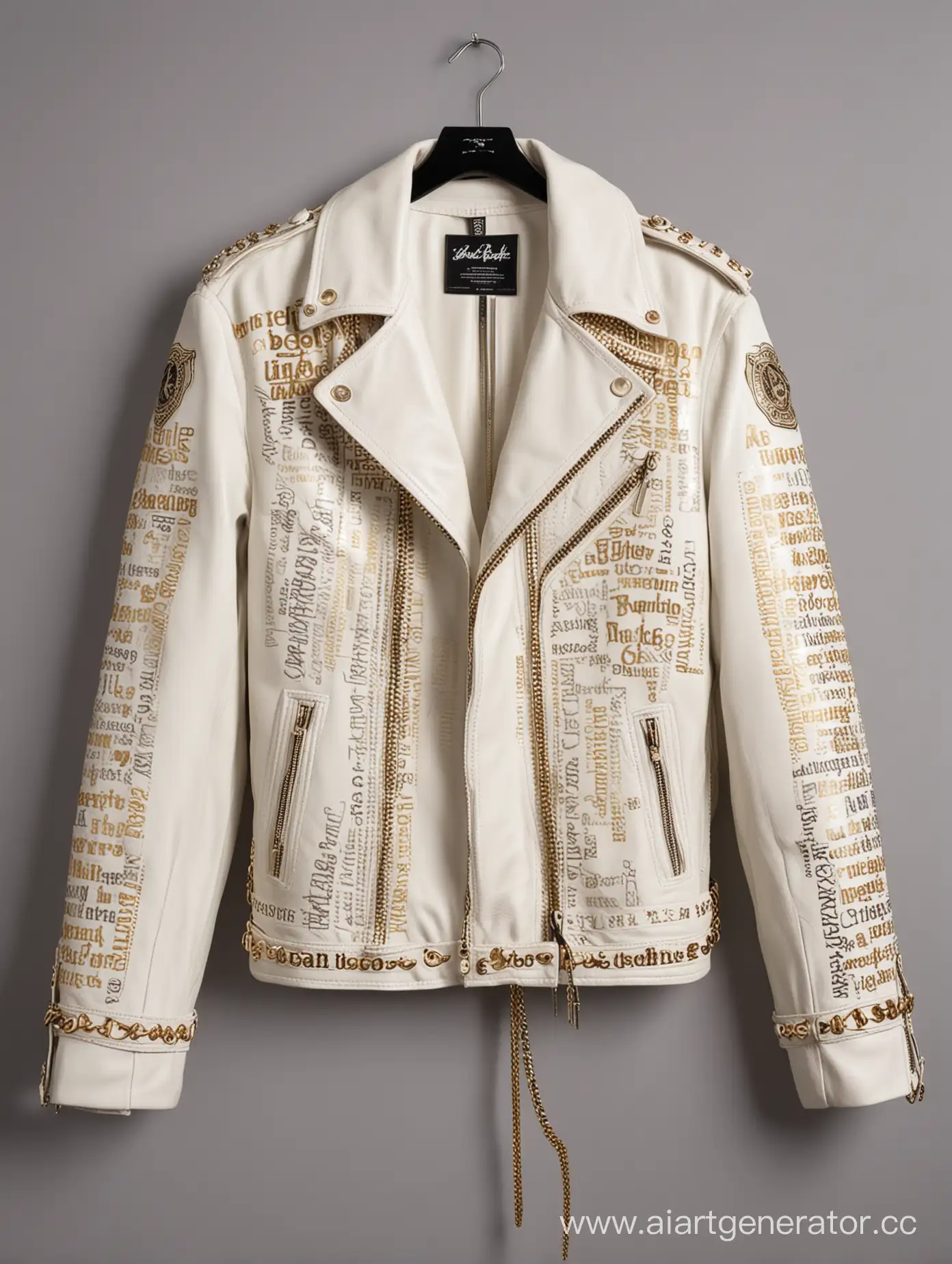White-Leather-Rock-Coat-with-Lyrics-Print-and-Gold-Chains