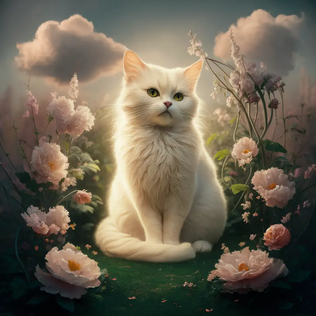 NO PEOPLE A Victorian-era photo of a magical, beautiful cat surrounded by magical, beautiful flowers from the Victorian era. The invisible power of dreams. The climate of magic. APPLICATIONS and TEXTS