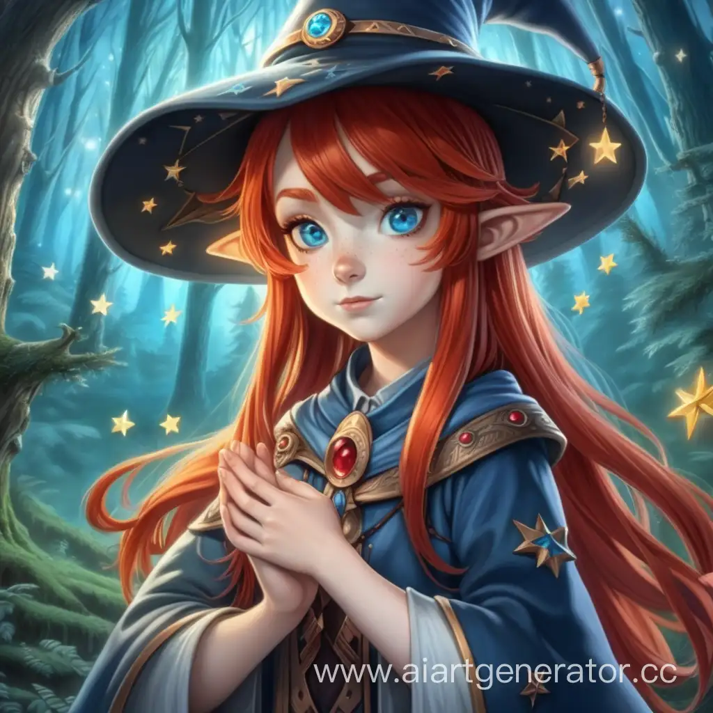 the character is a girl of small stature, a sorceress in a hat with red hair, blue eyes with stars in her eyes against the background of a forest