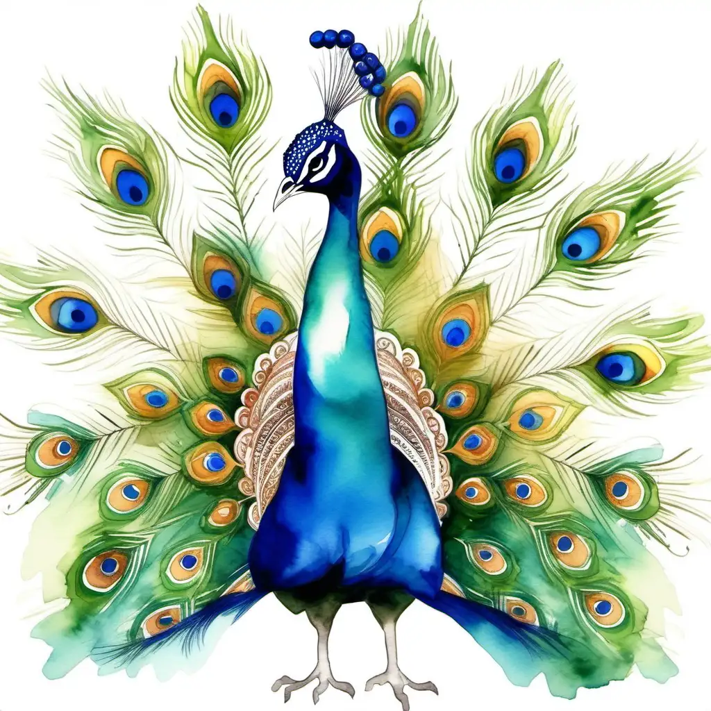 Enchanting Peacock Watercolour Painting on a White Background