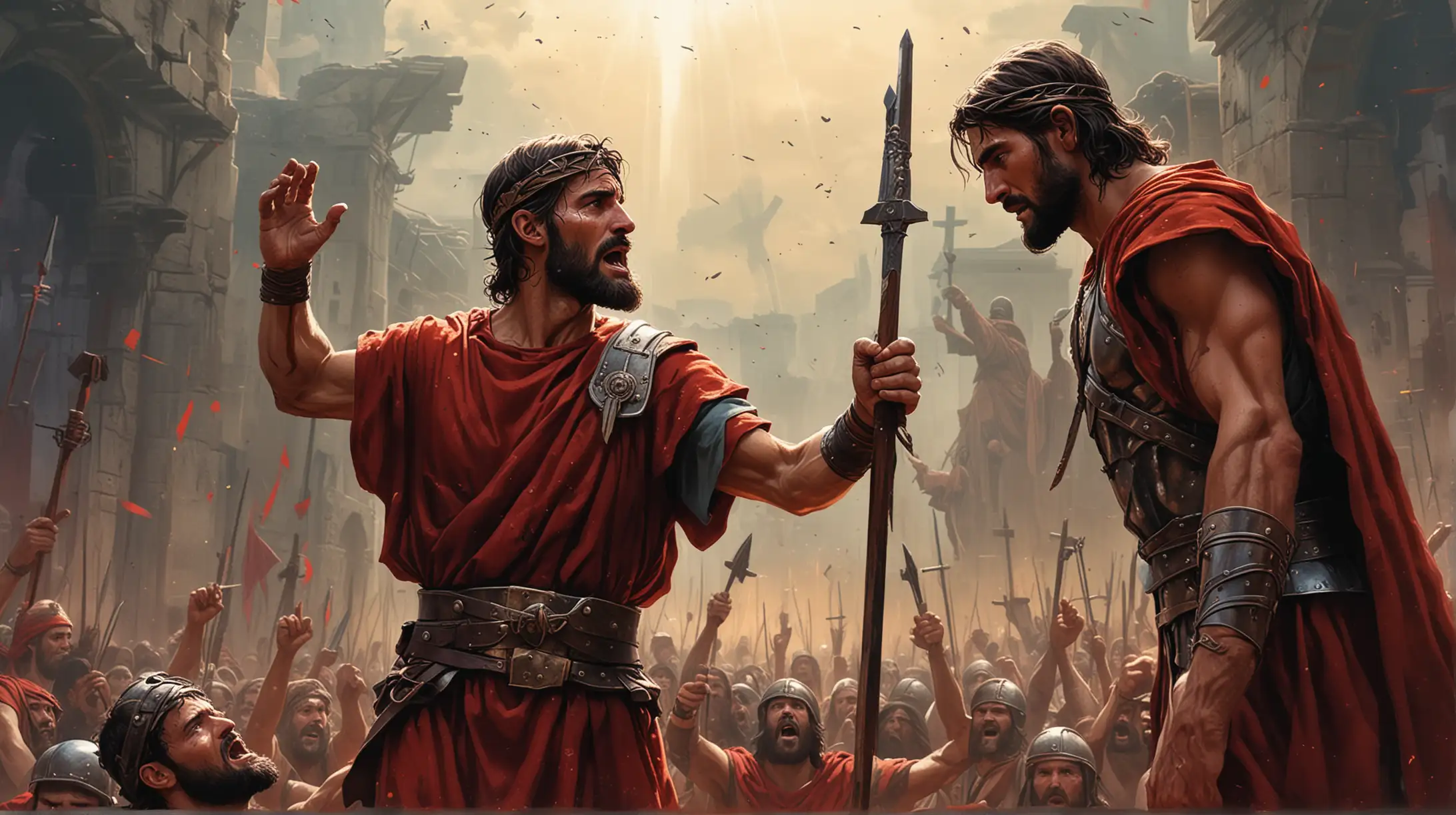 A dynamic comic-style illustration capturing the moment of encounter between the Roman soldier and Jesus during the crucifixion, with bold colors and expressive character designs to convey the emotional intensity of the scene.
