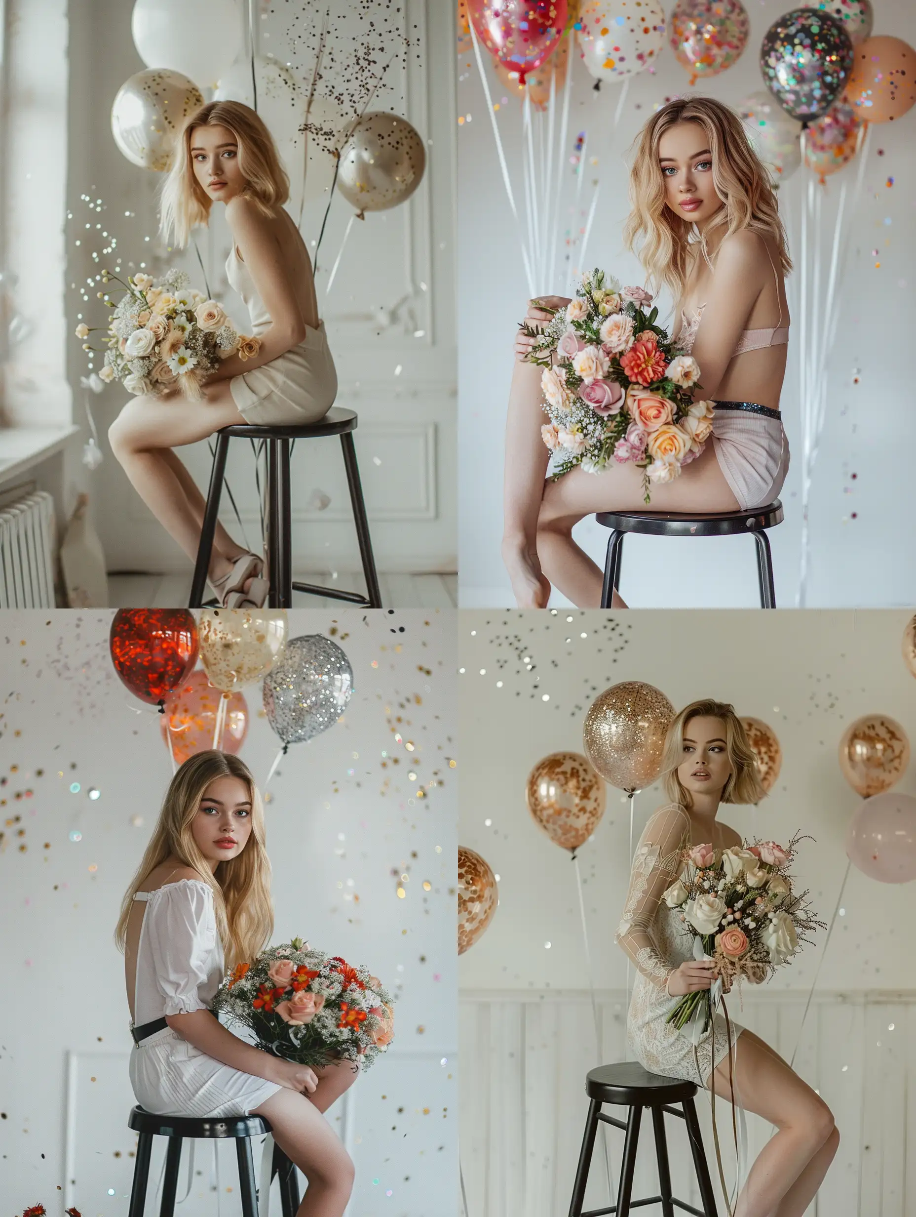 Young woman with blonde hair sitting below shoulder in studio on blackz high stool in room with white walls in hands bouquet with flowers. The room is decorated with glitter and balloons made of falsa realistic photo photo shoot girl looking at the camera face well seen detailing 