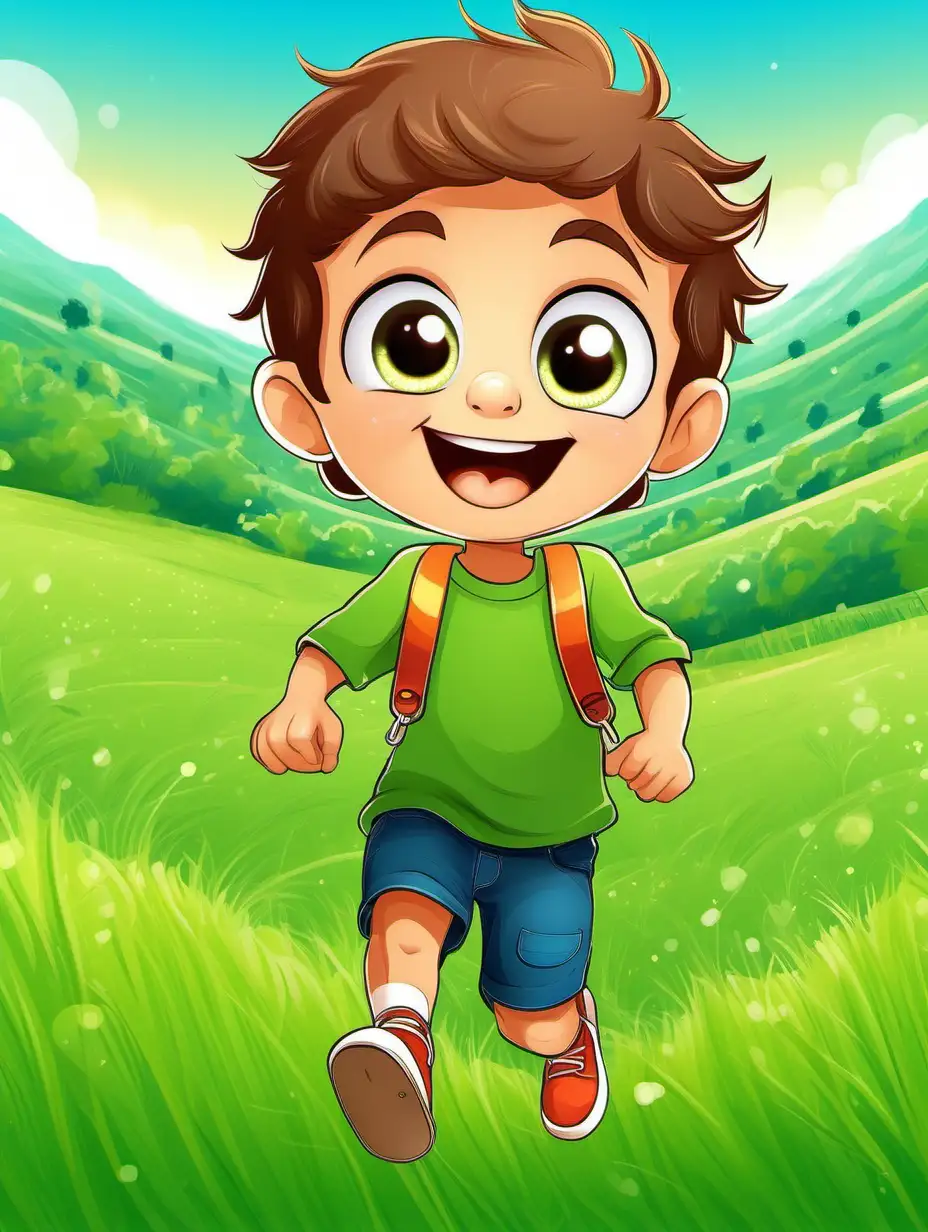Cheerful Child Swinging in Sunny Green Field