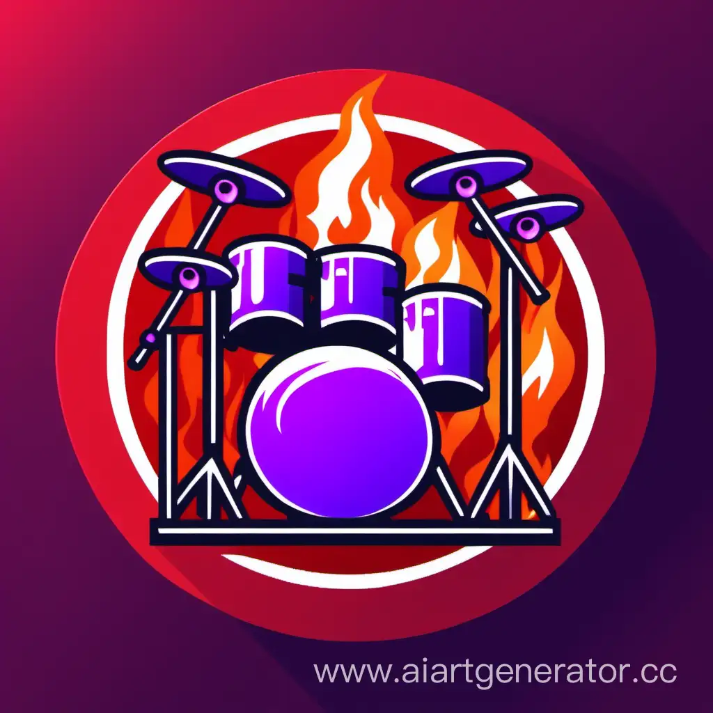 circle icon with purple and red fire with drum kit on the stage