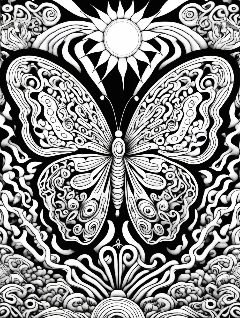 psychedelic, kids coloring book,black and white,simple,dmt,trippy,--v5,butterfly,sun,ayahuasca

