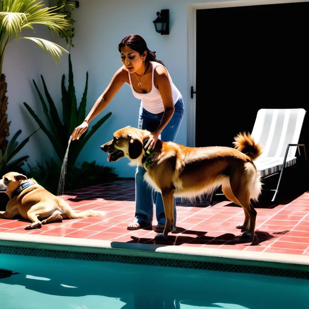  A tired Mexican female dog caretaker is trying to catch a dog which is peeing in the pool in Hollywood mansion. Other dogs are lying in the sunbed.