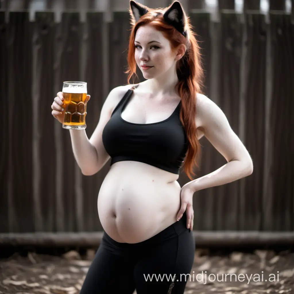 Beautiful woman, wolf ears, wolf tail, pale skin, freckles, Black sports bra, black yoga pants with a large pregnant belly, drinking a beer