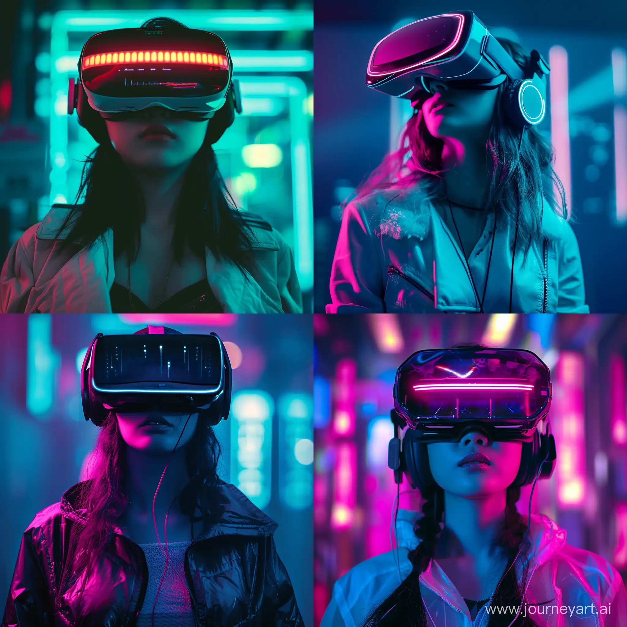 a futuristic photo of a girl wearing VR headsets, cyberpunk team 
