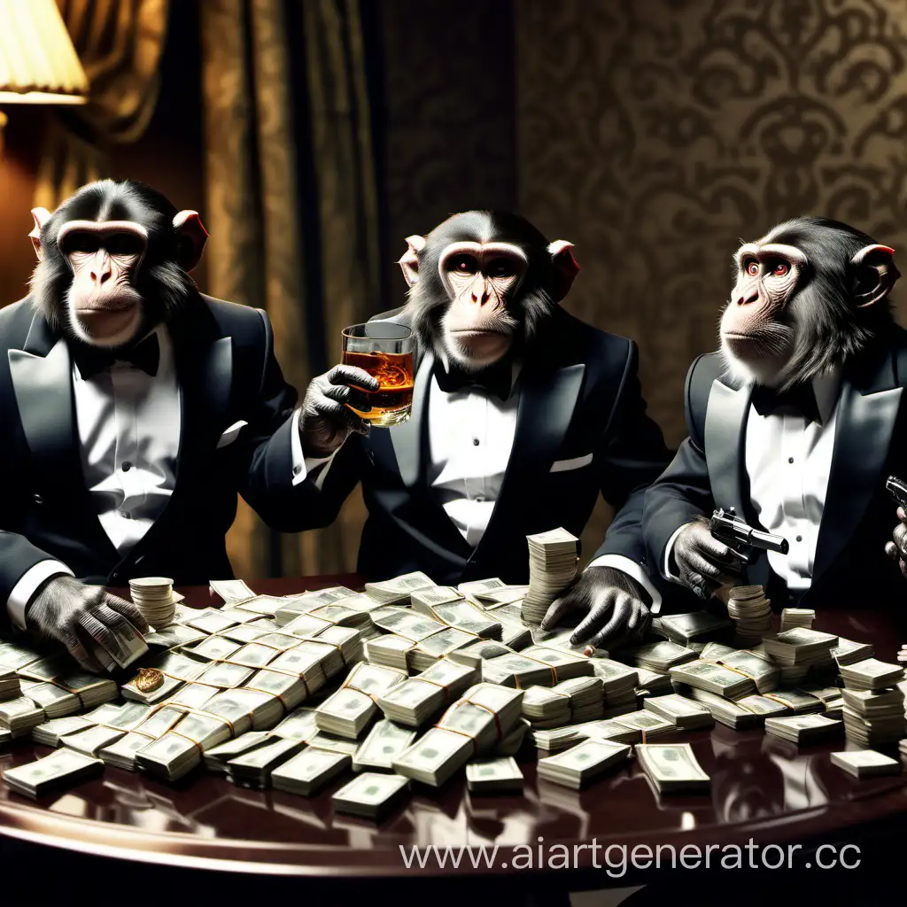 tuxedolu maymunlar masada tomarlarca para sayarken whiski içiyor ve masada tabancalar var