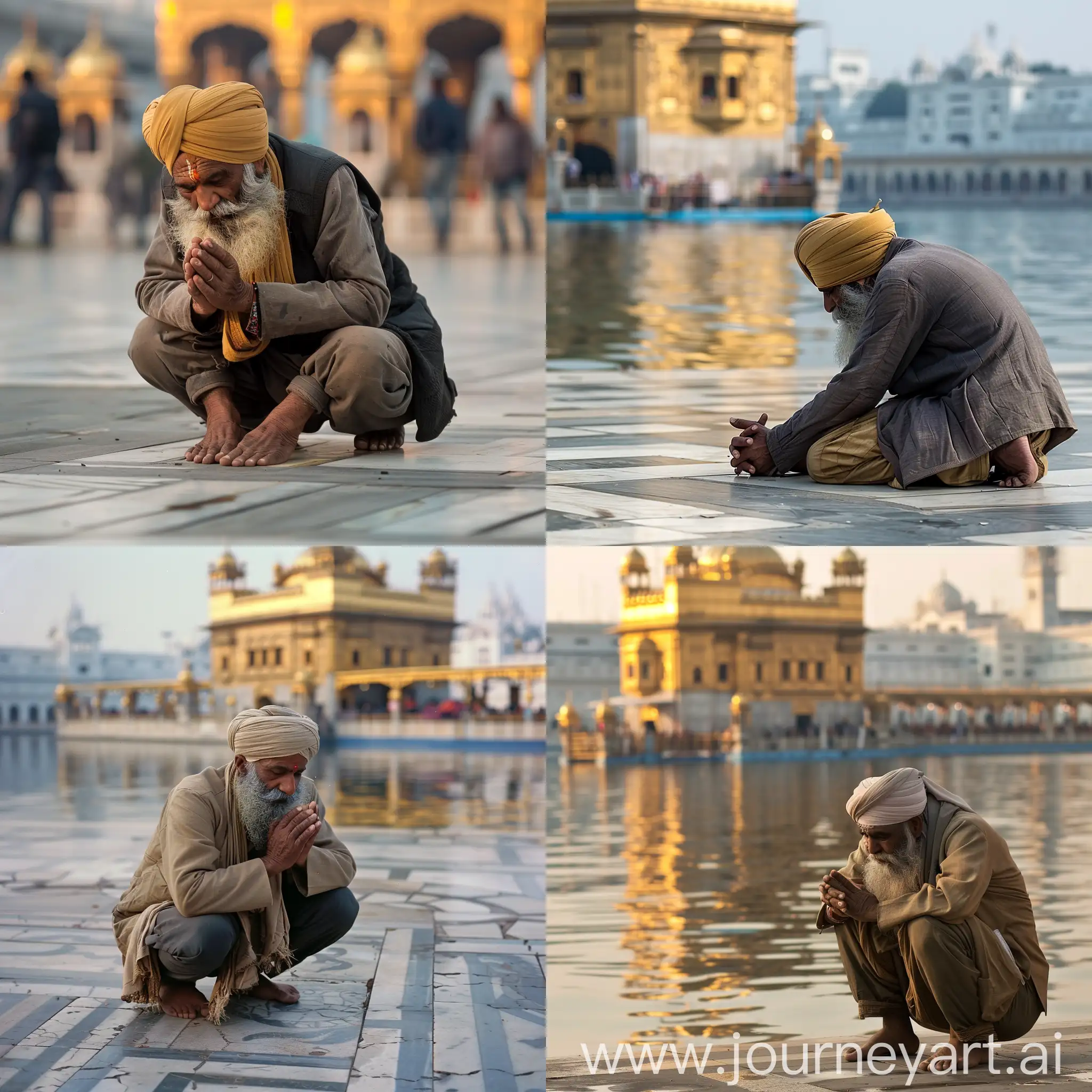 Serene scene: sikh man begging on his knees with hands folded, outside golden temple, india 