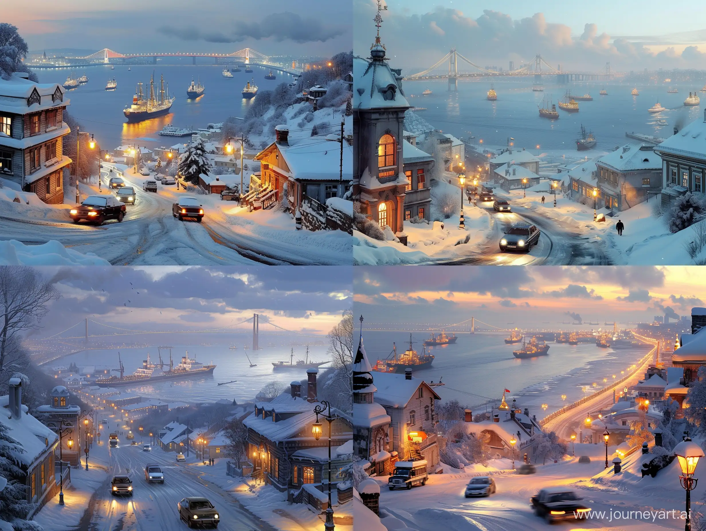  заснеженный город Владивосток с видом на моря и мост золотой рог, ездят машины, по морю плывут корабли торговые, время пред вечернее и горит свет в домах и включены фонари