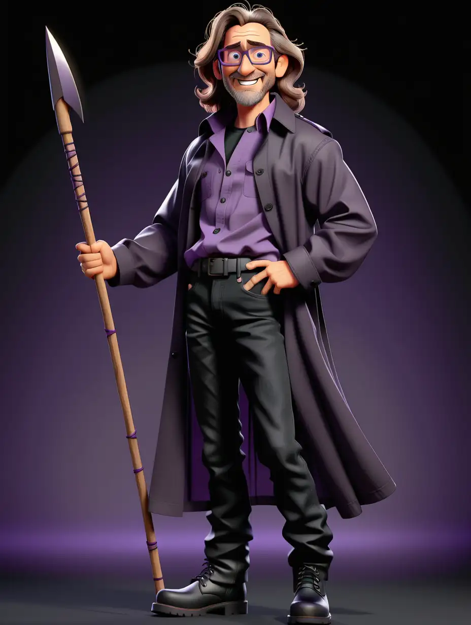 Middle aged male, short stubble facial hair, glasses, really long hair, wearing a clean purple shirt and black jeans, survival outfit, black boots, pixar style, black background, cheerful expression, different poses, full body image, long black trench coat, holding spear