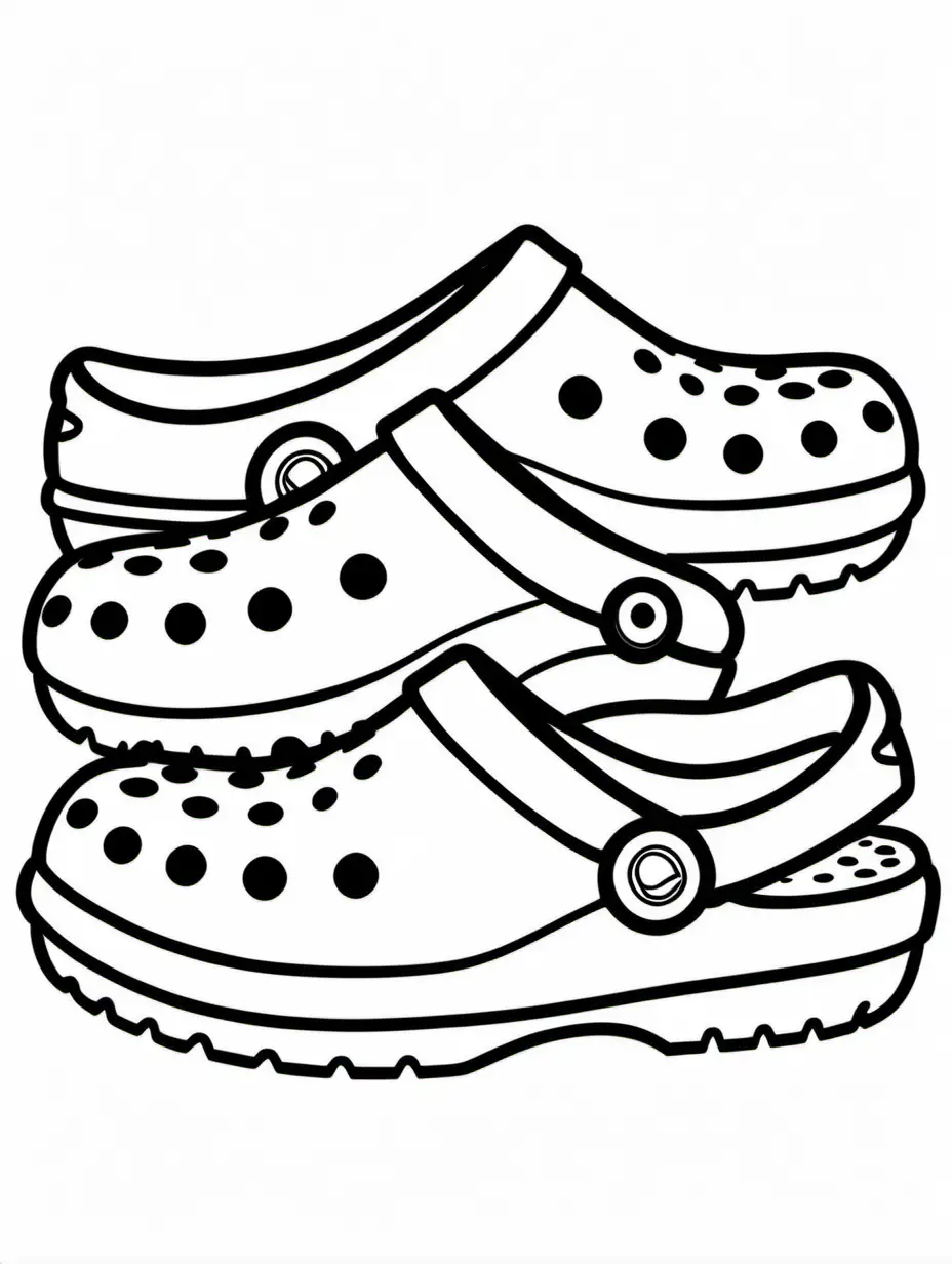 Crocs shoes close up , Coloring Page, black and white, line art, white background, Simplicity, Ample White Space. The background of the coloring page is plain white to make it easy for young children to color within the lines. The outlines of all the subjects are easy to distinguish, making it simple for kids to color without too much difficulty