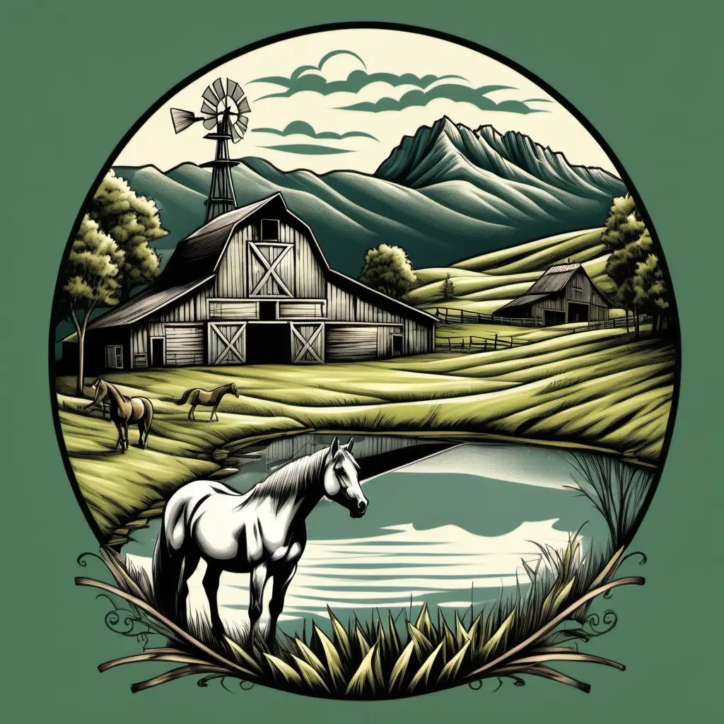 dutch gable old barn illustration in a pasture with horses with a pond behind it with appalachian wv mountains with windmills on the hilltop.  t-shirt design