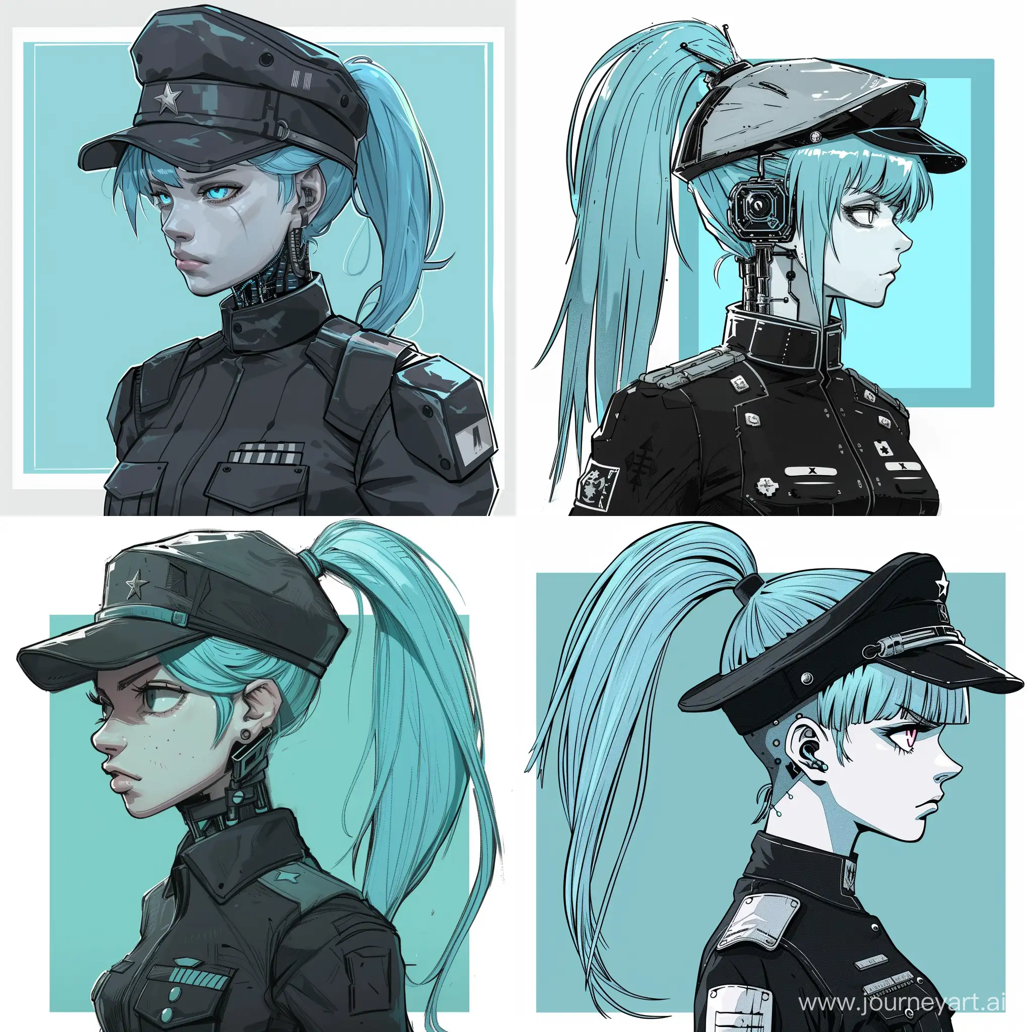 Cyberpunk-Robot-Girl-in-Soviet-Officer-Uniform-on-Cyan-Square-Background