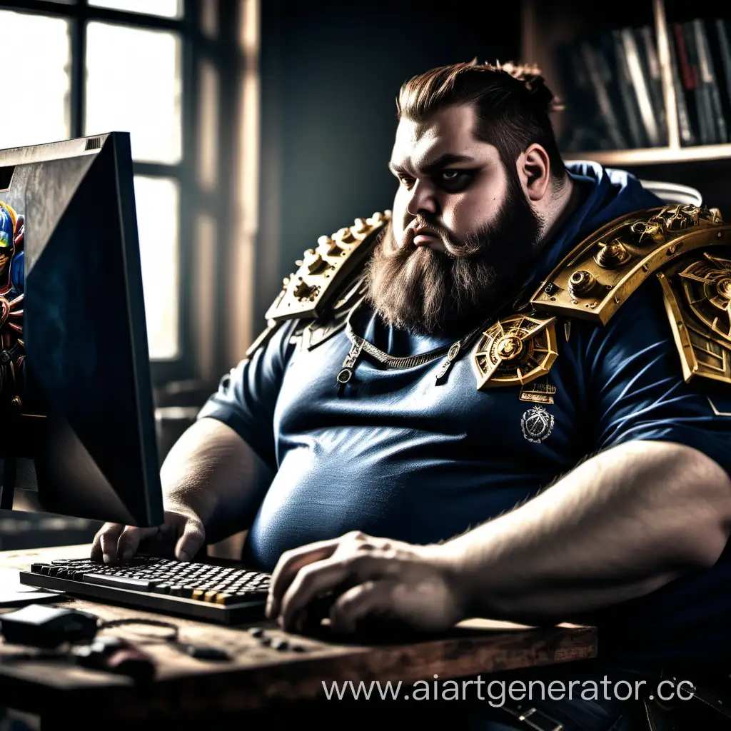 нарисуй человека который играет в  игру warhammer 40000. Человек сидит за компьютером и имеет щетину. Игрок толстый