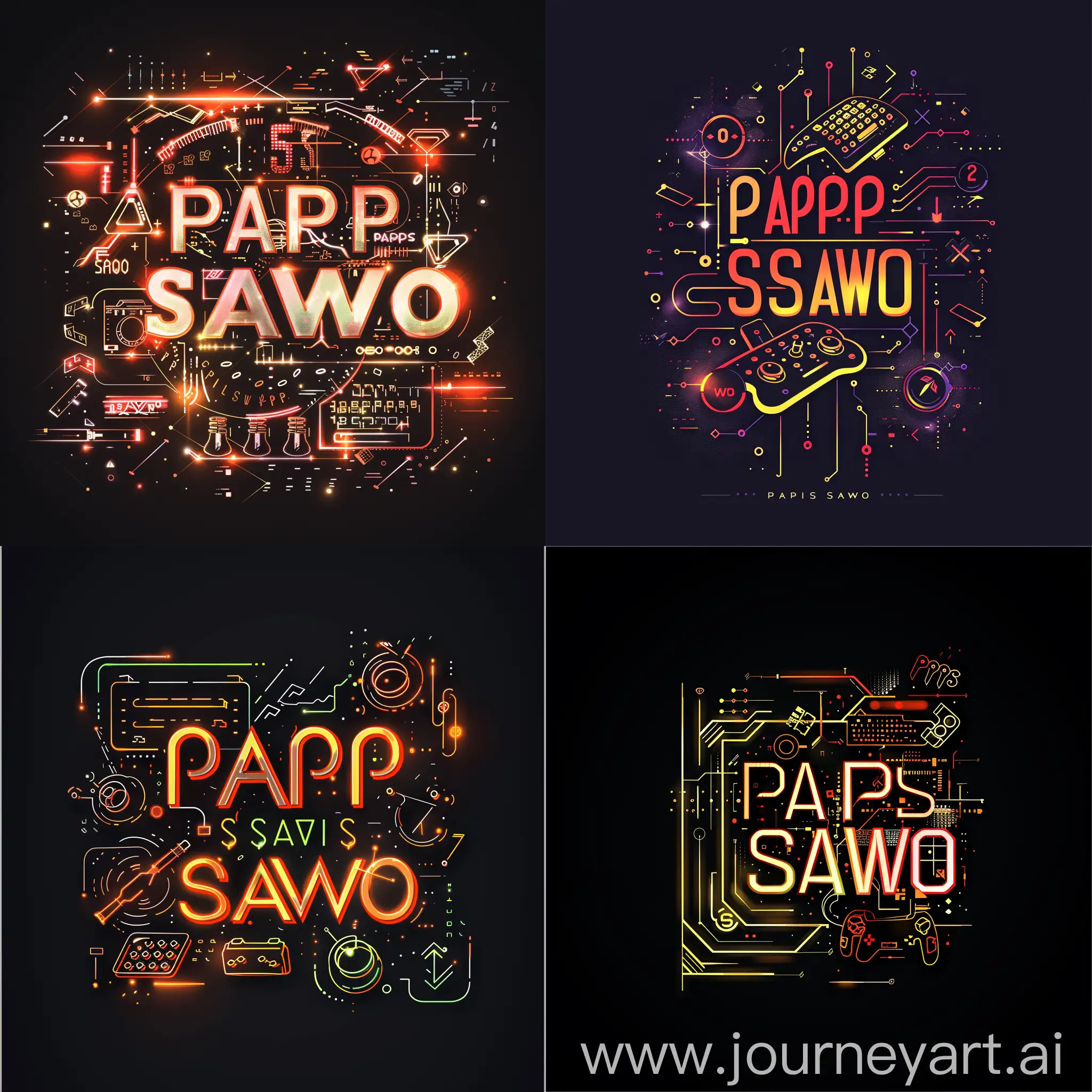 логотип "PAPIS SAWO", стилизованная графика, отображающую энергичный и динамичный образ, элементы технологий и киберспортивной тематики, абстрактные цифры, схемы, контуры геймпадов, контуры клавиатур, эффекты свет и тени которые дают глубину и объем к логотипу, энергичные и контрастные цвета, подчёркивающие динамичность и силу образа