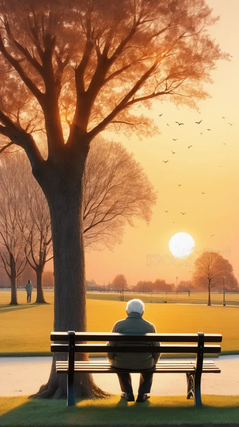 idoso sentado em um banco de praça olhando para o por do sol, árvore ao lado, luz natural, cutway illustration