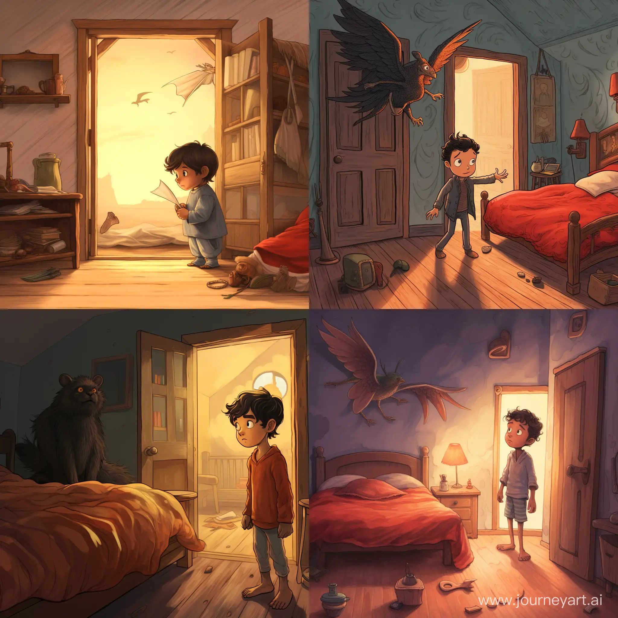Lucifer wakes up and discovers a mysterious door in his room, storybook illustration