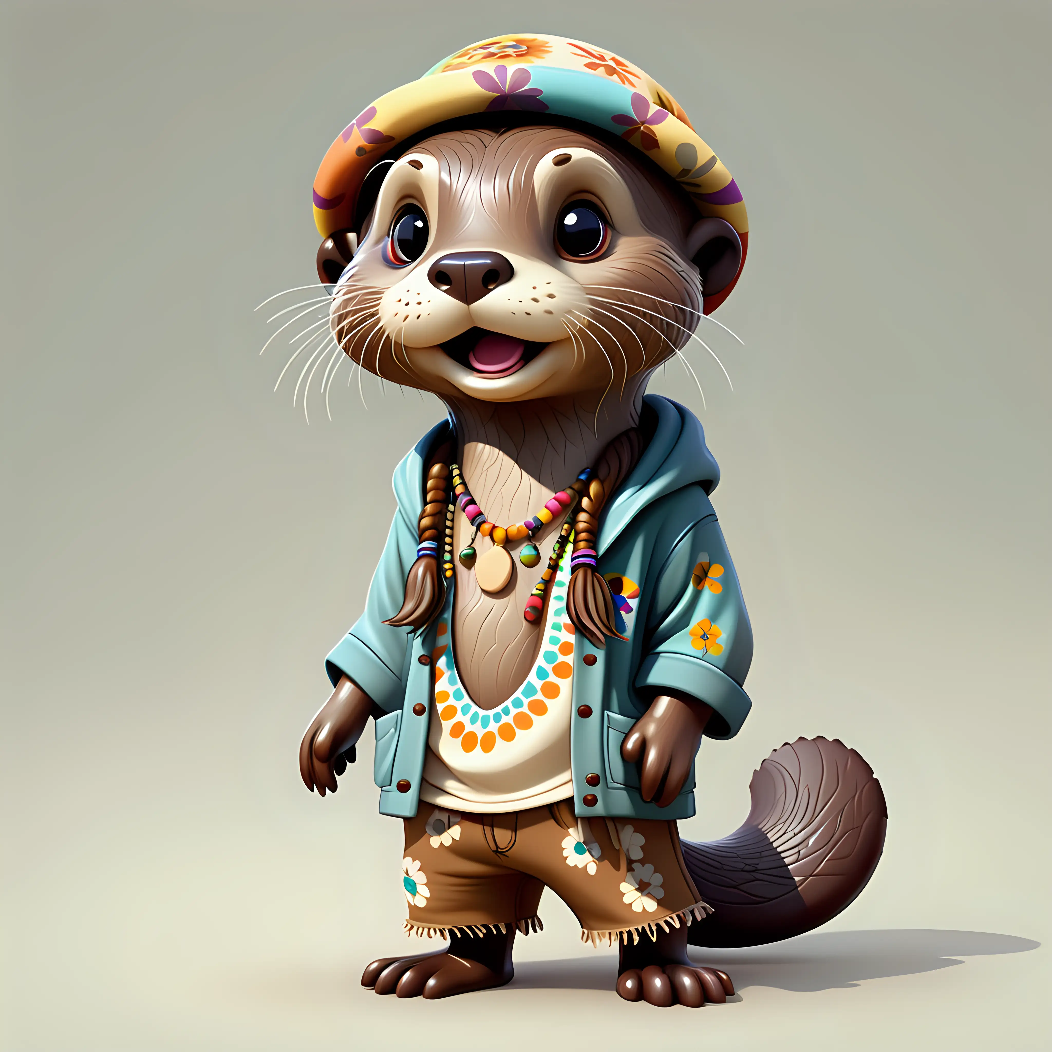 a cute otter in full body cartoon style with Hippie clothes with clear background