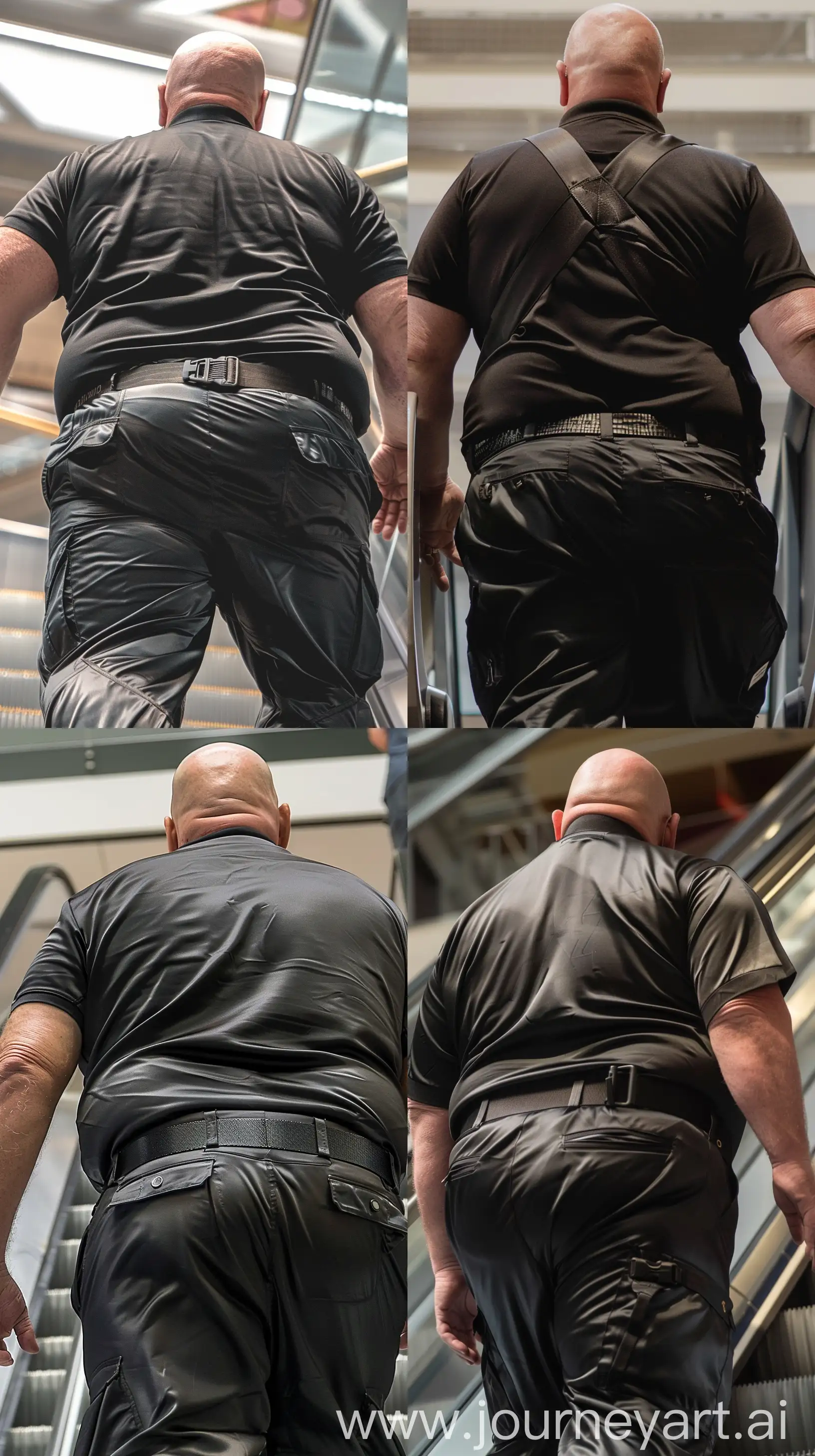 Close-up back-view photo of a fat man aged 60 wearing a silk blackslim-fitted battle pants and a tucked in silk black sport polo. Black tactical belt. Going up an escalator. Bald. Clean Shaven. Natural light. --style raw --ar 9:16