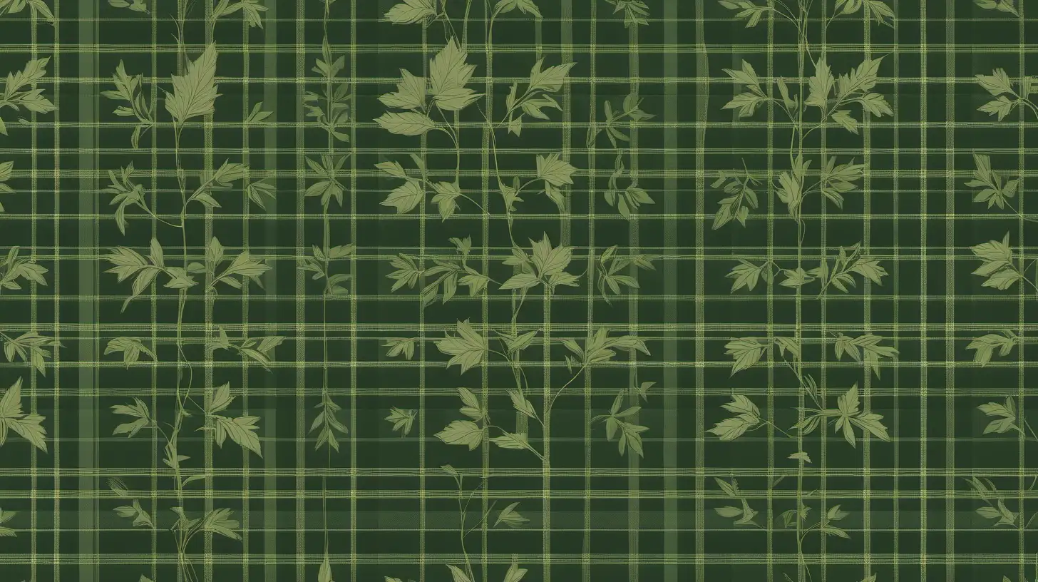 Rustic Green Plaid Wallpaper Surrounded by Lush Foliage