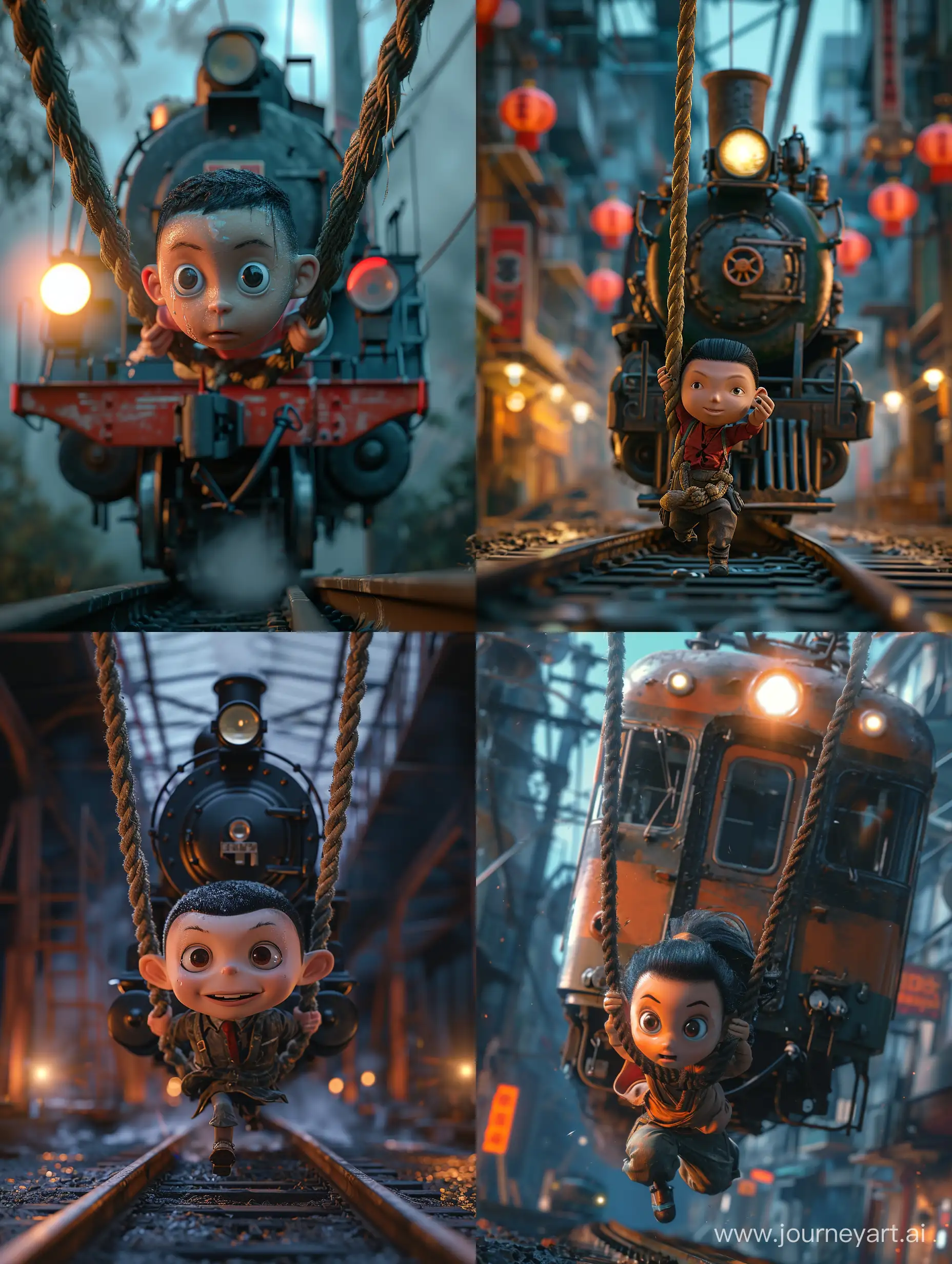 Shinchan running lifting a big train in rope, Detailed face, detailed eyes, detailed nose, detailed mouth, high_resolution, hdr, hd, 8k, cinematic,photography, photorealistic, photorealism, hyperdetailed, illustrations, illustrating,clear skin,uhd, ultra-realistic, realism, realistic, best lighting, colour,high quality, unreal engine, epic realism, detailed, best design, detailed graphics, high_contrast, super detailed, ((masterpiece)),hyper-realistic,ultra_detailed,high_definition,professional SLR camera,volumetric lights.