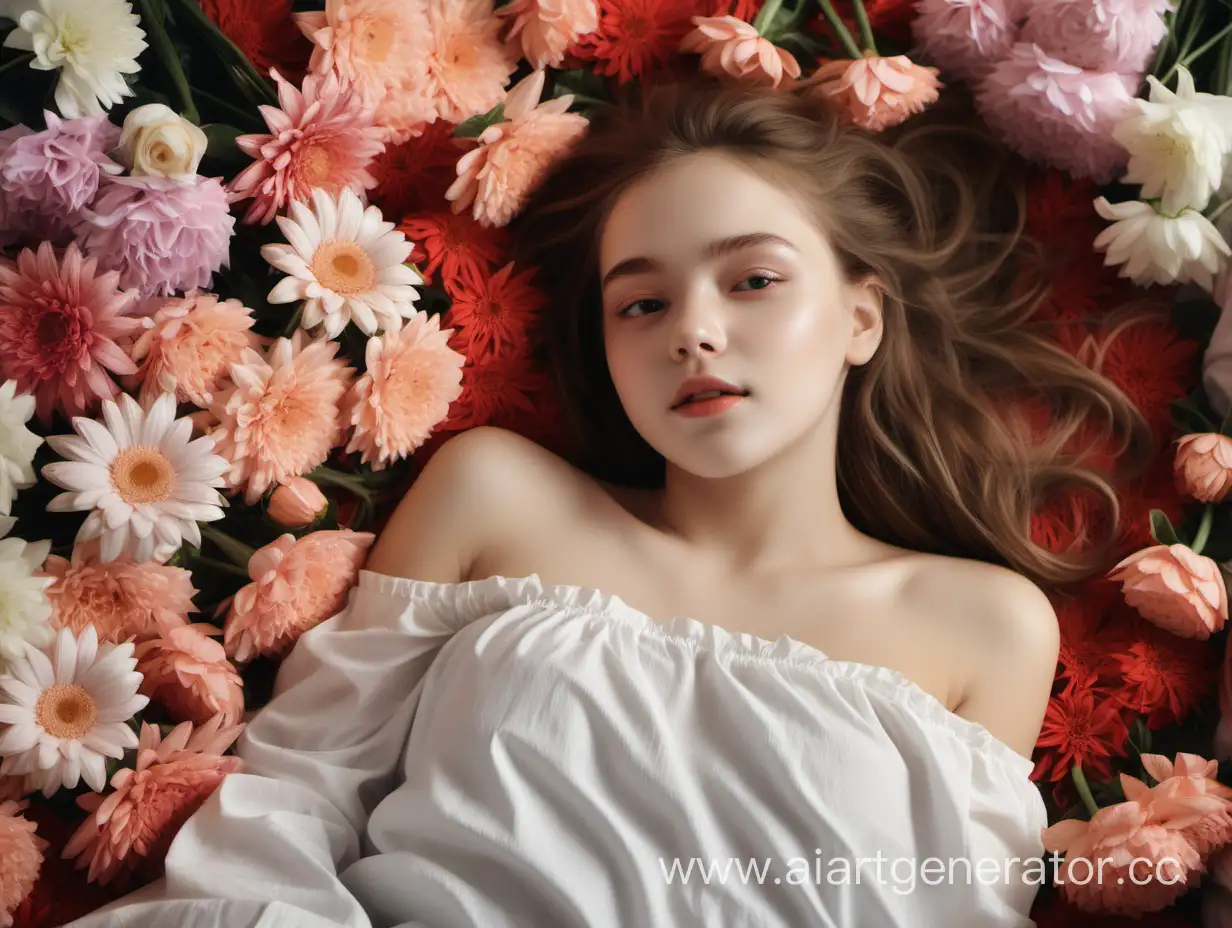 милая девушка лежит призывно на постели из цветов