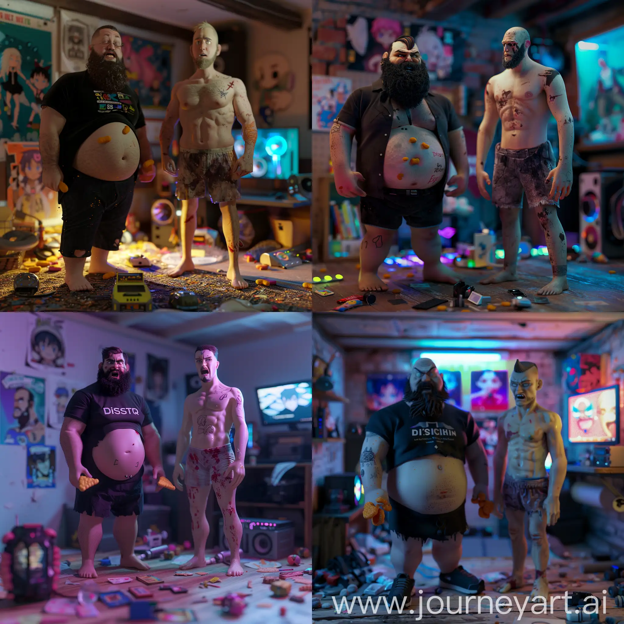 Two figures, a fat Discord moderator and admin, standing in a messy basement room. The overweight moderator has a neckbeard, small black t-shirt exposing his belly, Cheeto-dusted fingers, and an angry expression. The pale, skinny admin wears a stained undershirt and boxers with a smug look. Dimly lit with anime posters and RGB computer gear. Ethereal lighting, hyperrealistic, 8k, octane render, by Greg Rutkowski and Wadim Kashin.