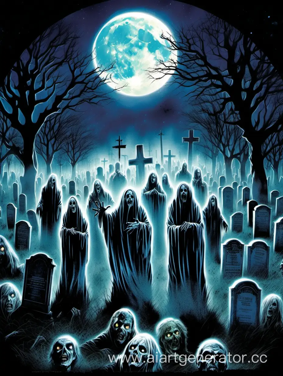 horror movie poster, ghost an zombies, Moonlit Cemetery Scene, Drew Struzan style