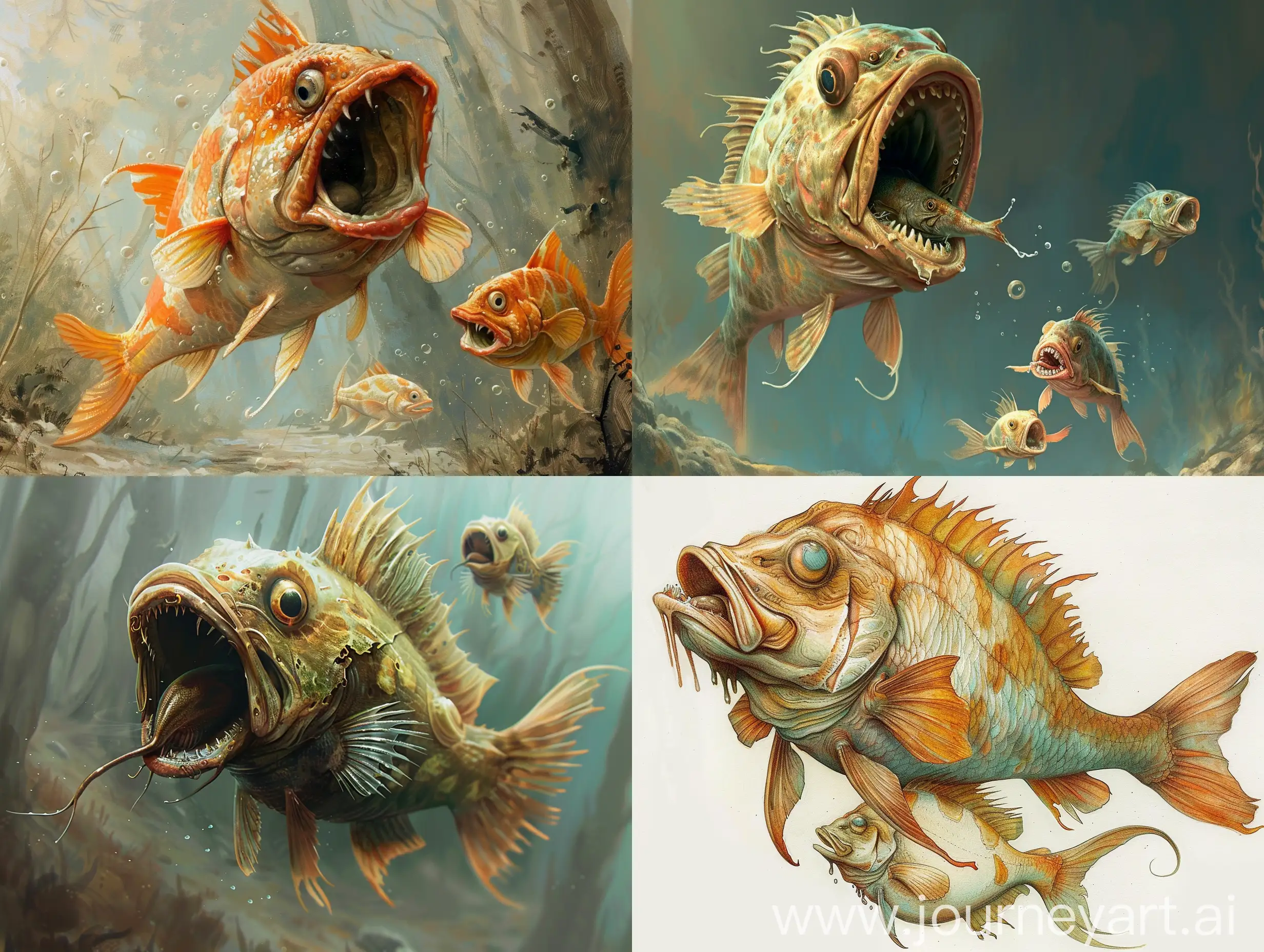  Tiny fish swallowing bigger fish whole, weird, grotesque, detailed, fantasy. 