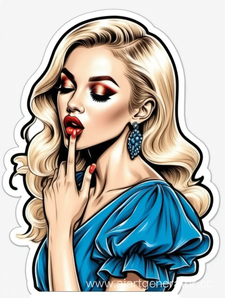 модная гламурная девушка блондинка воздушный поцелуй в синем платье стиль рисунок стикер