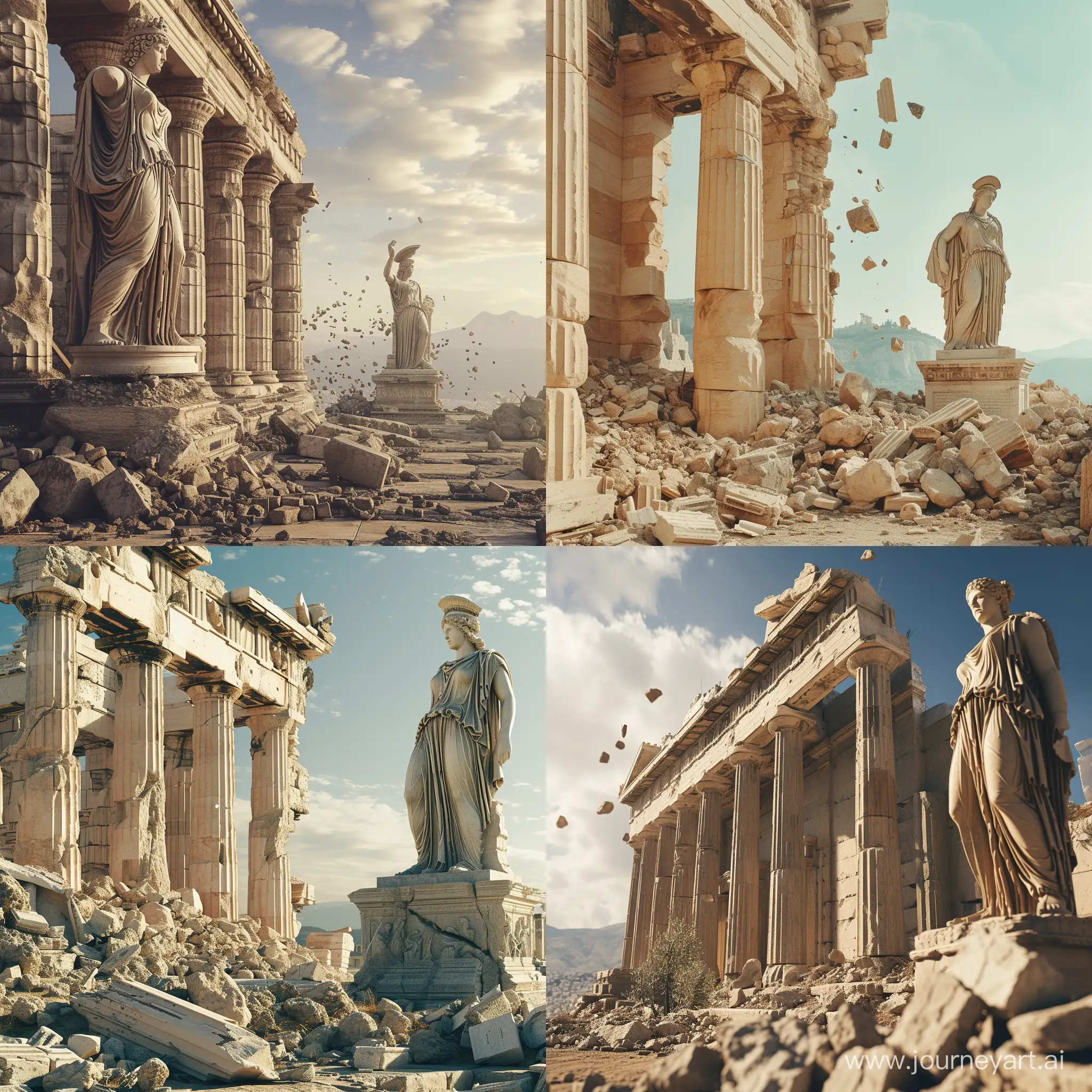 Древне-греческий полуразрушенный храм,рядом статуя Афины Паллады, 4К
