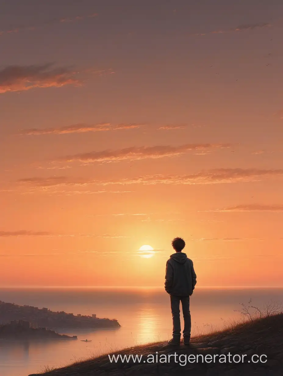 Последний молодой человек в мире, стоит вдалеке, и смотрит в закат, без надписей